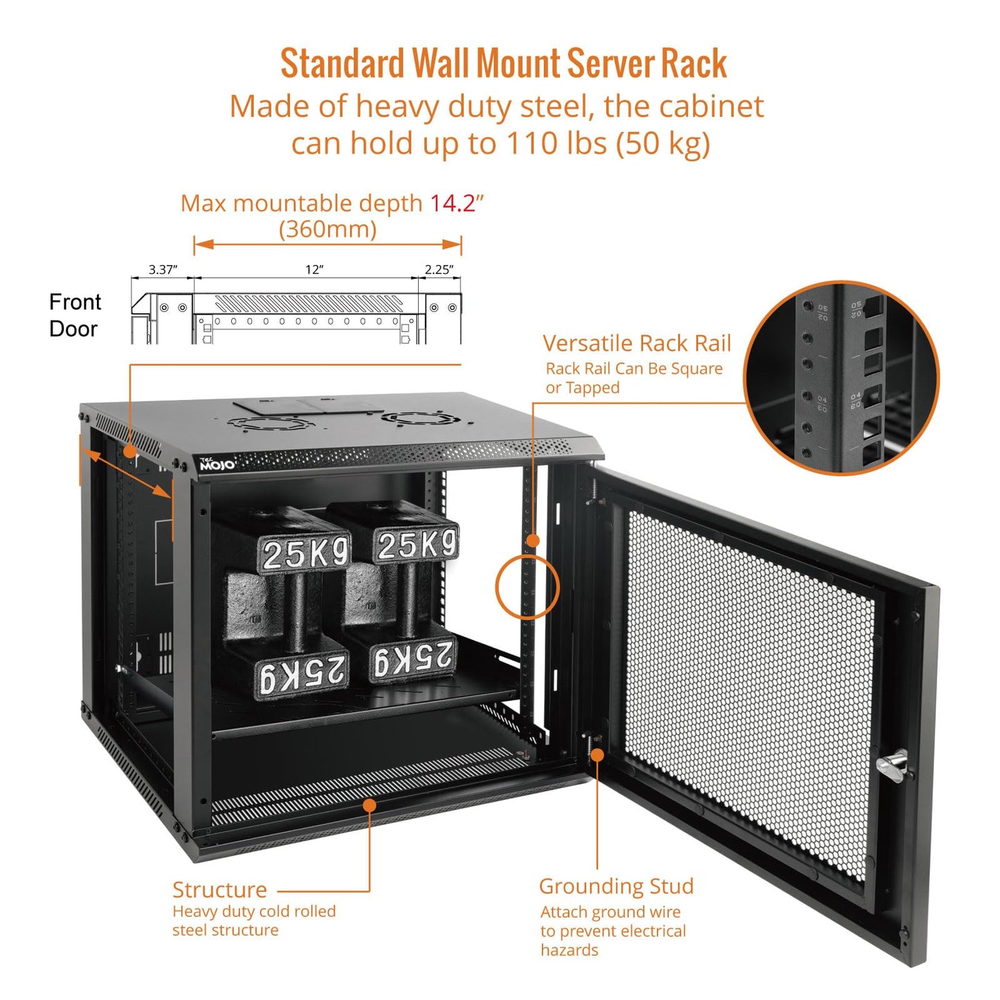 Tecmojo 9U Wall Mount Rack Network Cabinet for 19" IT Equipment,with Lockable Mesh Door and Side Panels,Cooling Fan,17.7inch Depth,Black