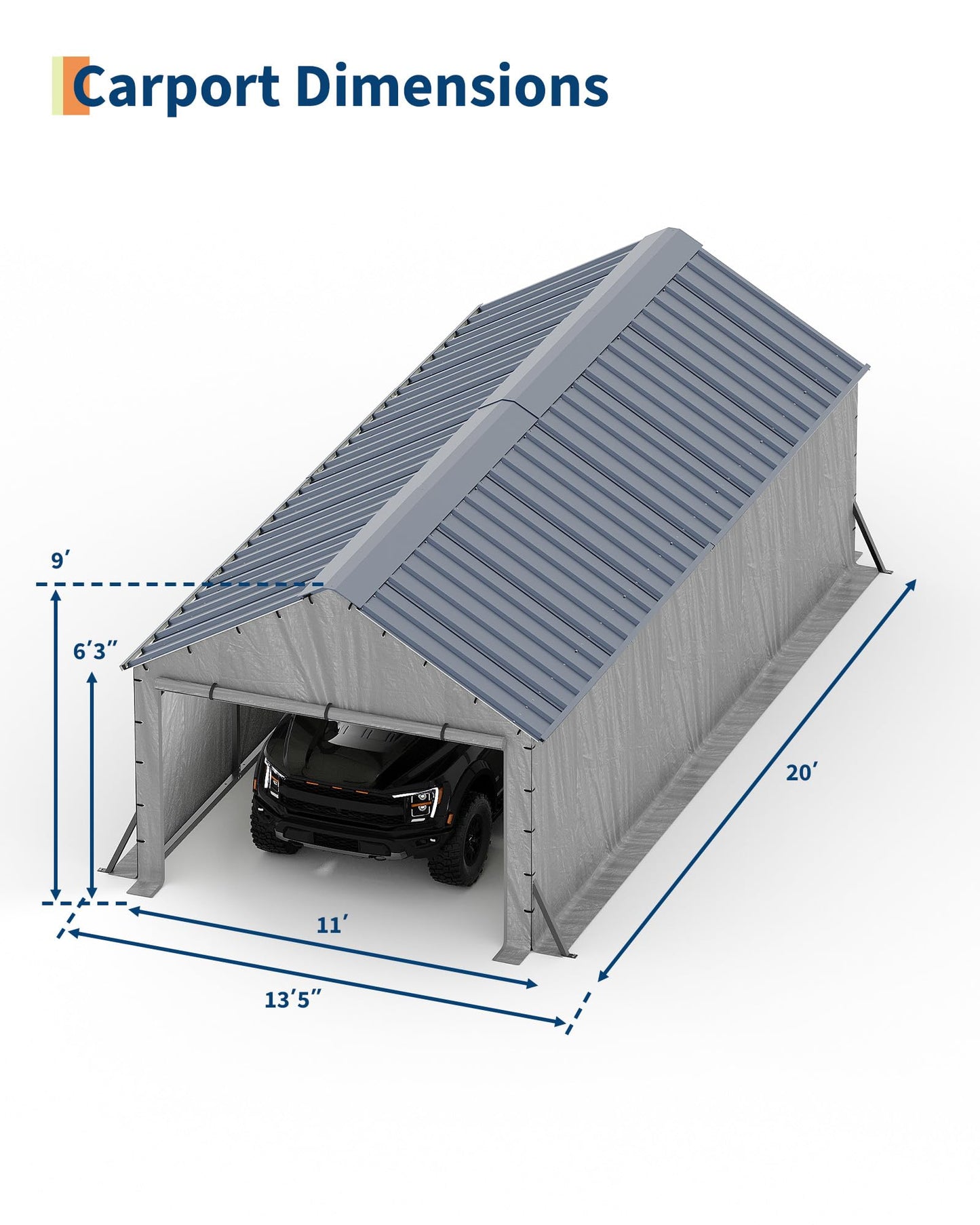 GarveeLife 11'x20'x9' Vertical Roof Metal Carport, Enclosed Car Ports with Heavy Duty Steel Frame, for All-Weather, for Full-Size Pickup Trucks, Boats, and Tractors