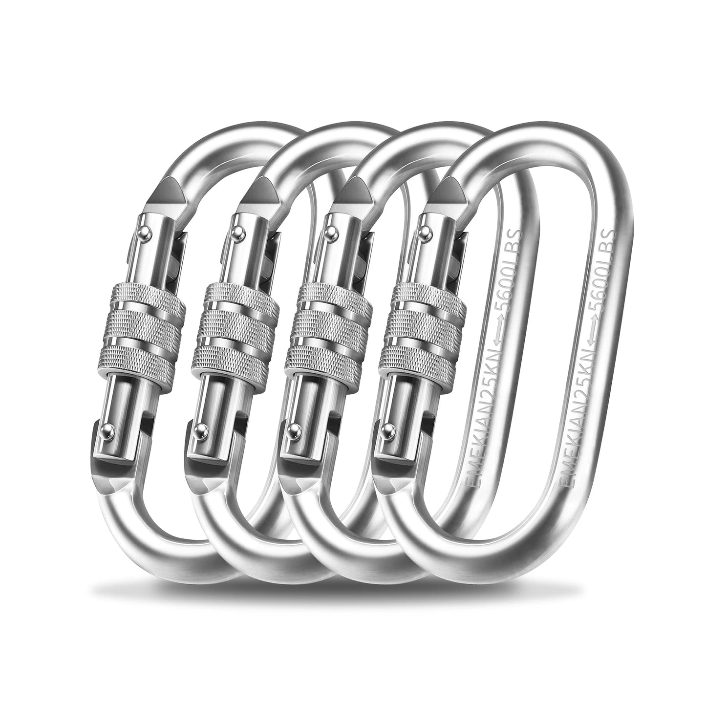 EMEKIAN 4 Pack Oval Indoor Outdoor Climbing Carabiner, Screw Locking Heavy Duty Safety Caribeener Clips, 25 KN (5600 LBS) for Hammock, Rope, Hiking, Camping