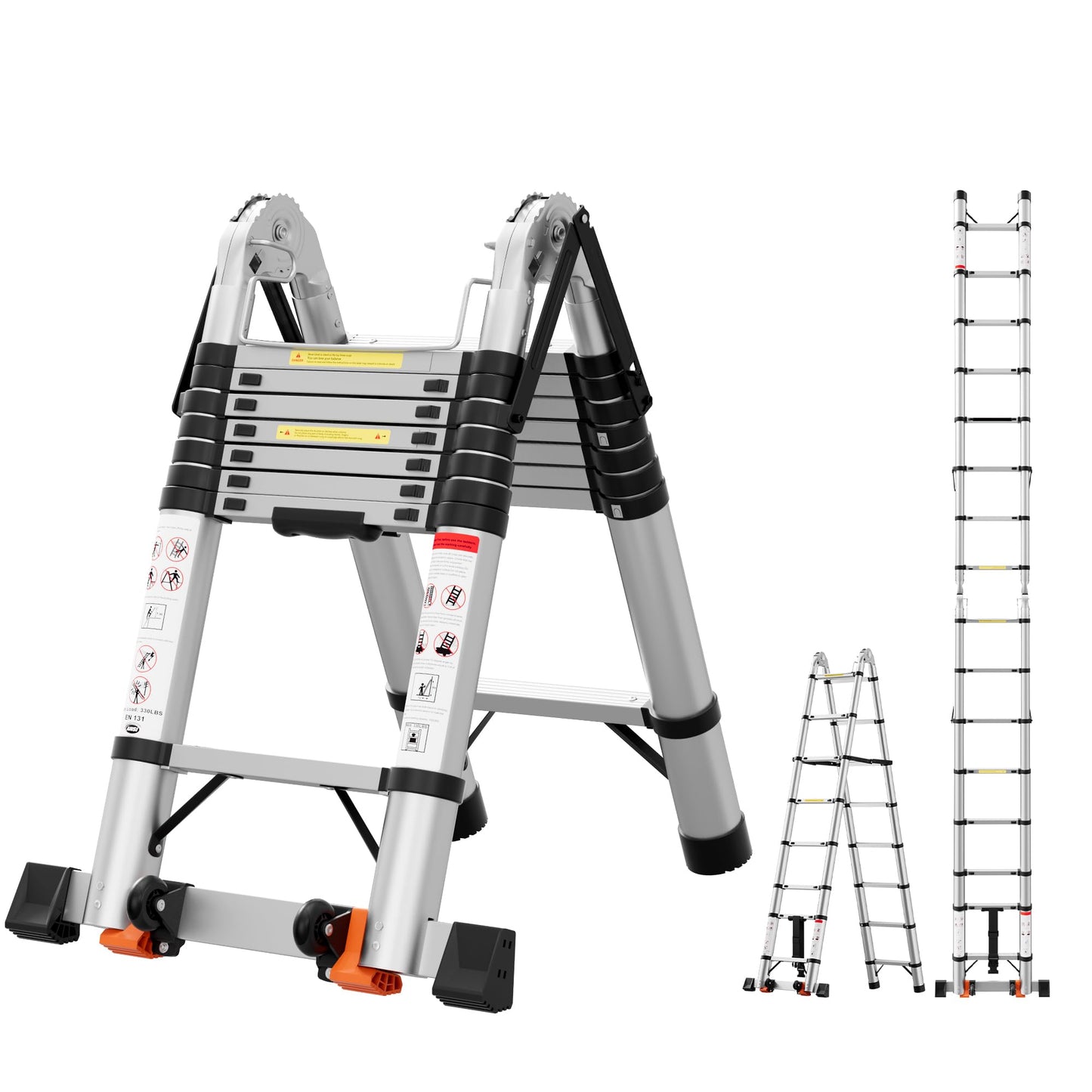 SEEKNEW 16.5 FT Telescoping Ladder, A Frame, Aluminum Extension Ladder, 330 lbs Capacity with Triangular Stabilizers, Portable Collapsible Ladder for Home, Roof and RV; Silver
