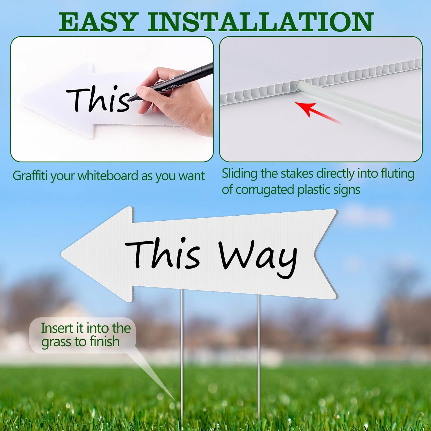 Directional Arrow Signs with Stakes, Remiawy 4 Pack Blank Yard Signs 17 x 6 Inches Custom Plastic Parking Signs with Arrow Outdoor for Wedding This Way, Birthday Party, Estate Sale, Lawn Guidepost