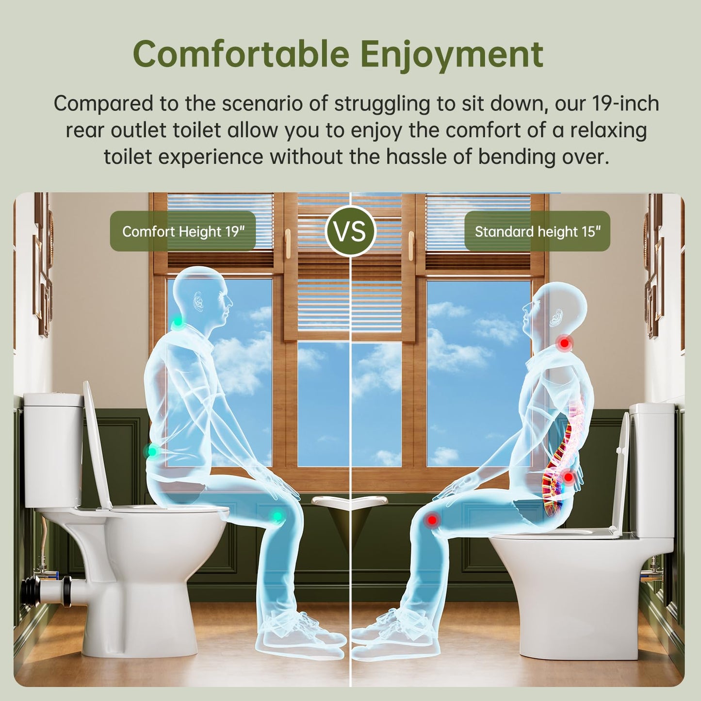 Simple Project Rear Discharge Toilet with 19 Inch Tall Toilet Bowl, Rear Outlet Toilet - Powerful & Quiet Dual Flush 1.28GPF High Toilets for Seniors, Includes Extension Pipe