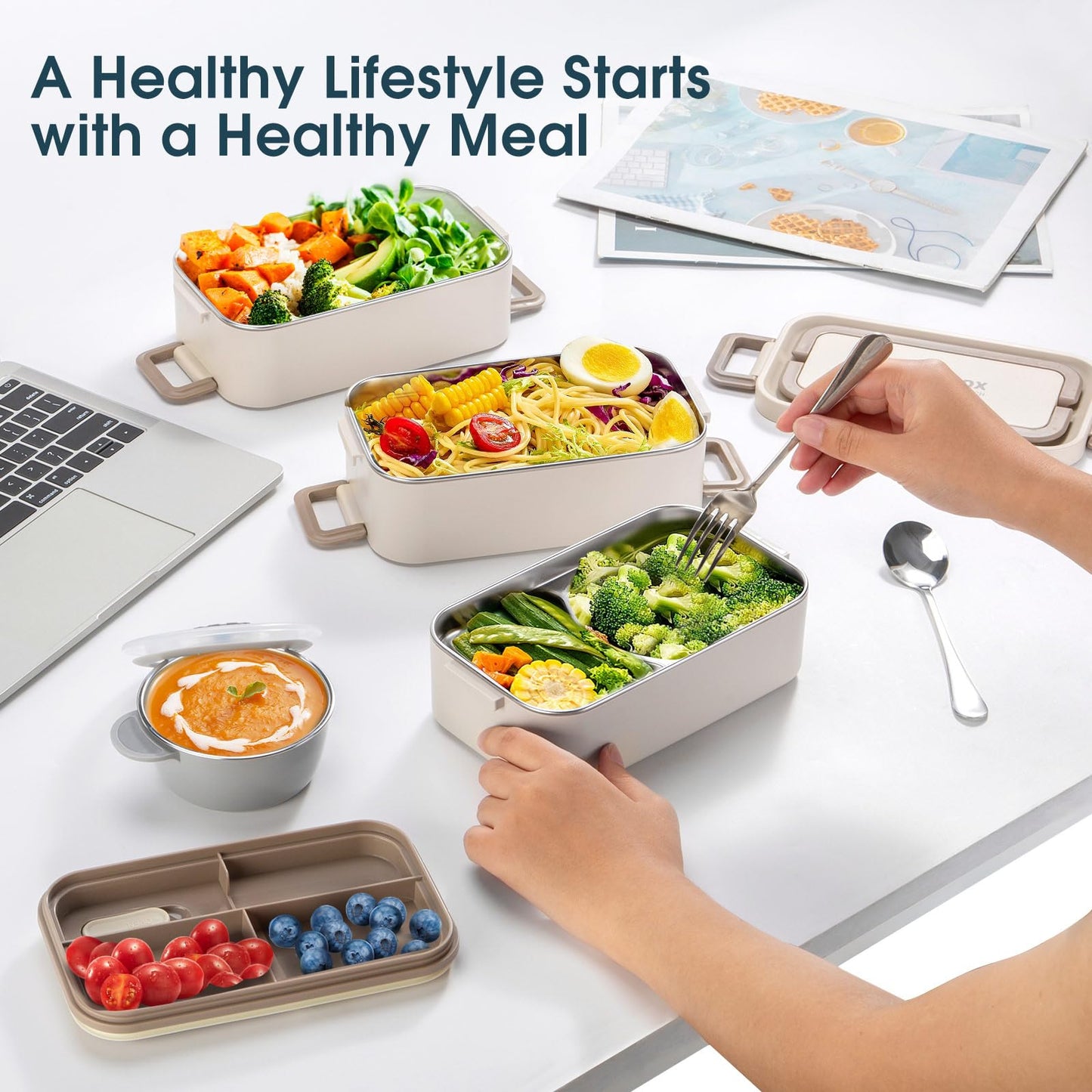 Bento Box Adult Lunch Box, Stackable 3 Layer 304 Stainless Steel Lunch box for Adults Kids Office, 3L Large Capacity Portable Lunch Box Containers with Soup Bowl Spoon and Fork