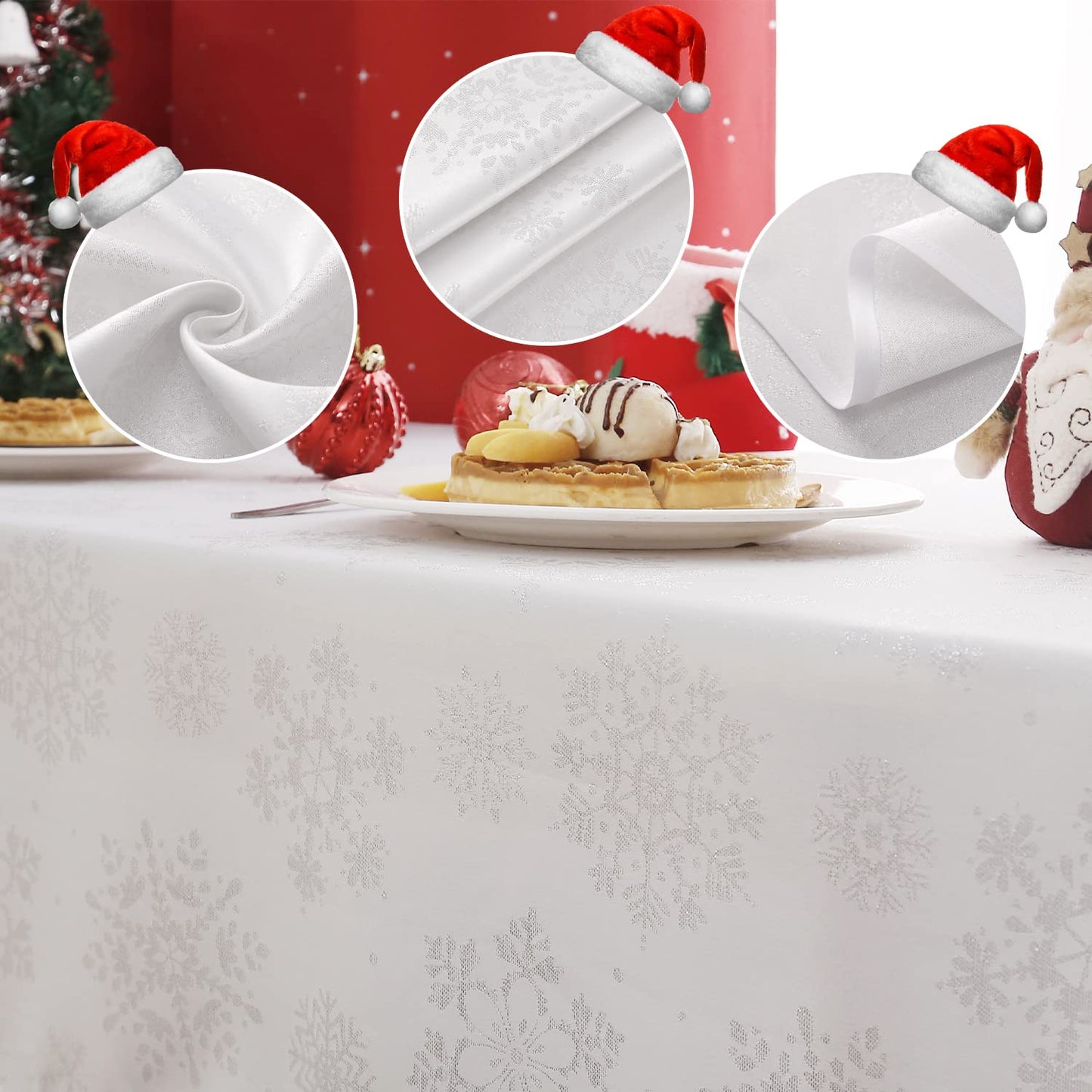 MikiUp Jacquard Rectangle Christmas Tablecloth - Xmas Snowflakes Glitz Metallic Fabric Table Cloth, Waterproof and Washable Holiday Decorative Table Cover for Party, White/Sliver 60 x 144 Inch