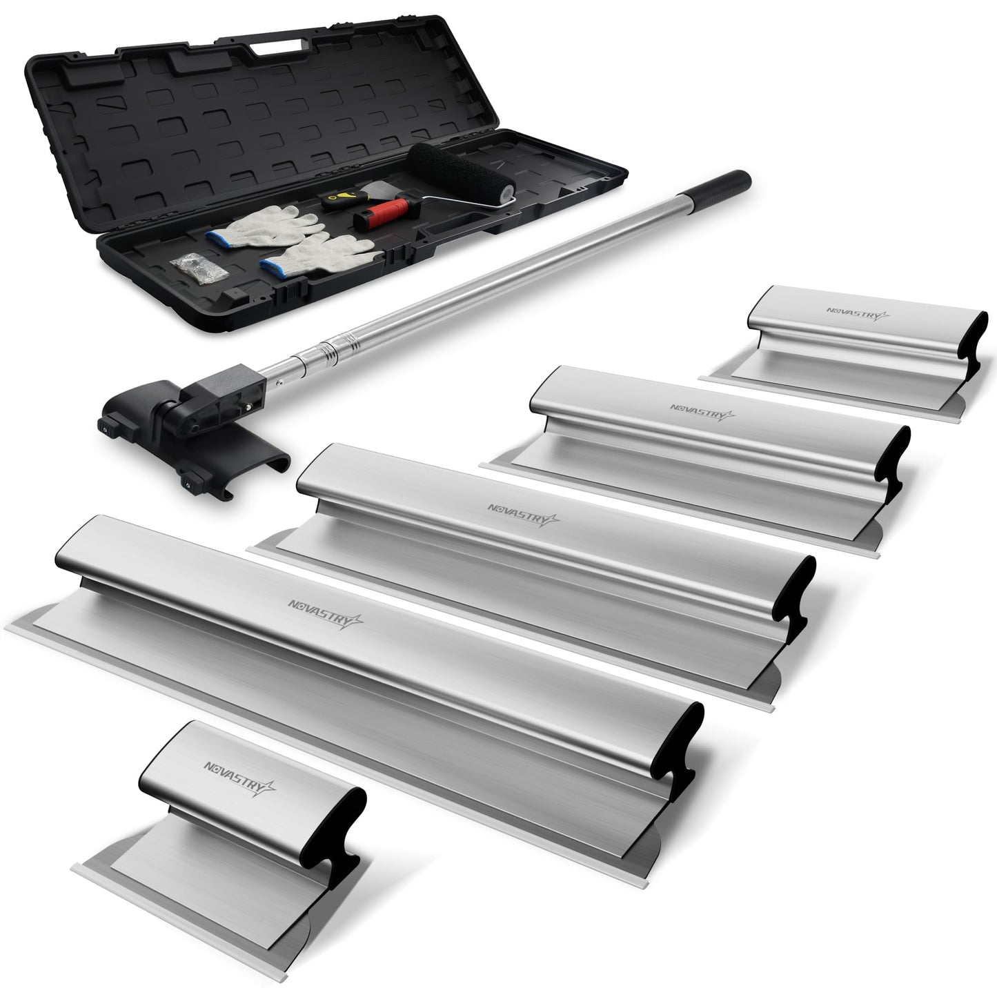 Professional Drywall Skimming Blade Kit (12", 16", 24", 32" & 40"), Stainless Steel Wall Finishing Tools with Extension Pole, Roller & Putty Knife, Lightweight Set with Carrying Case