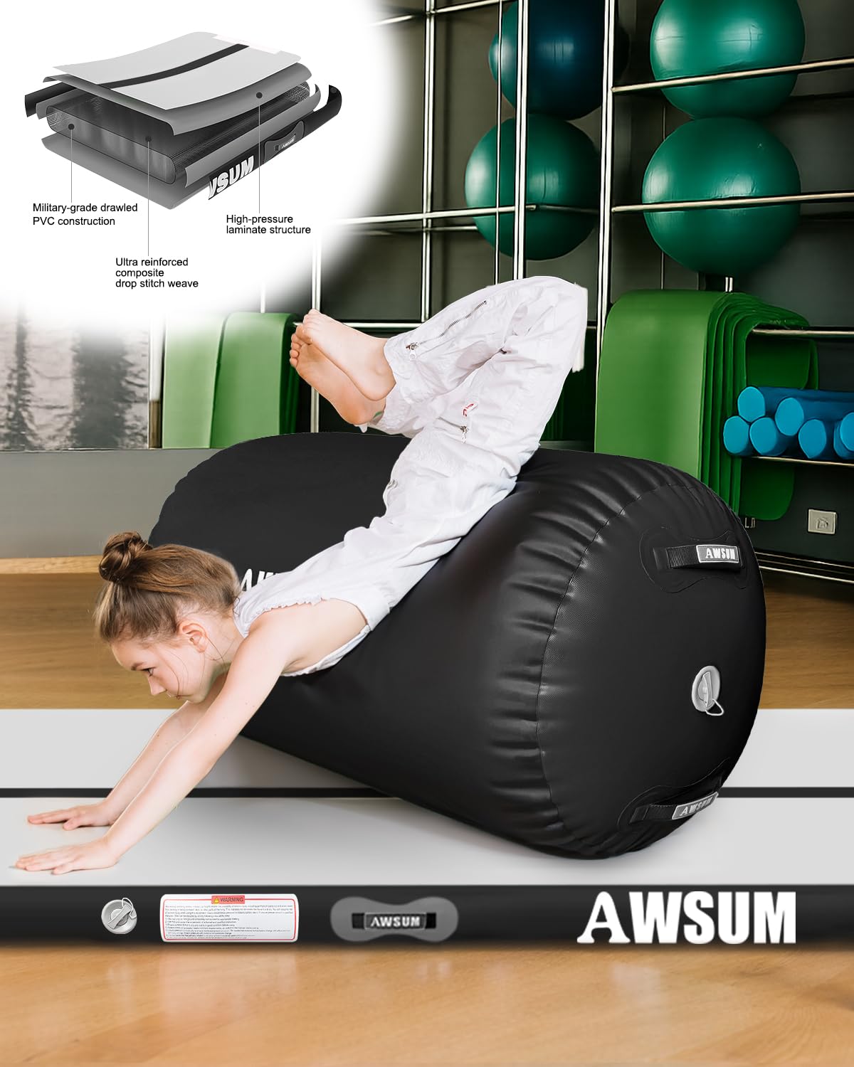AWSUM 10/13ft Inflatable Gymnastics Mat Air Roller Barrel Tumble Track Tumbling Mat Back Backbend Trainer for Home Use/Gym/Cheerleading Springboard Handspring Equipment, with Electric Pump