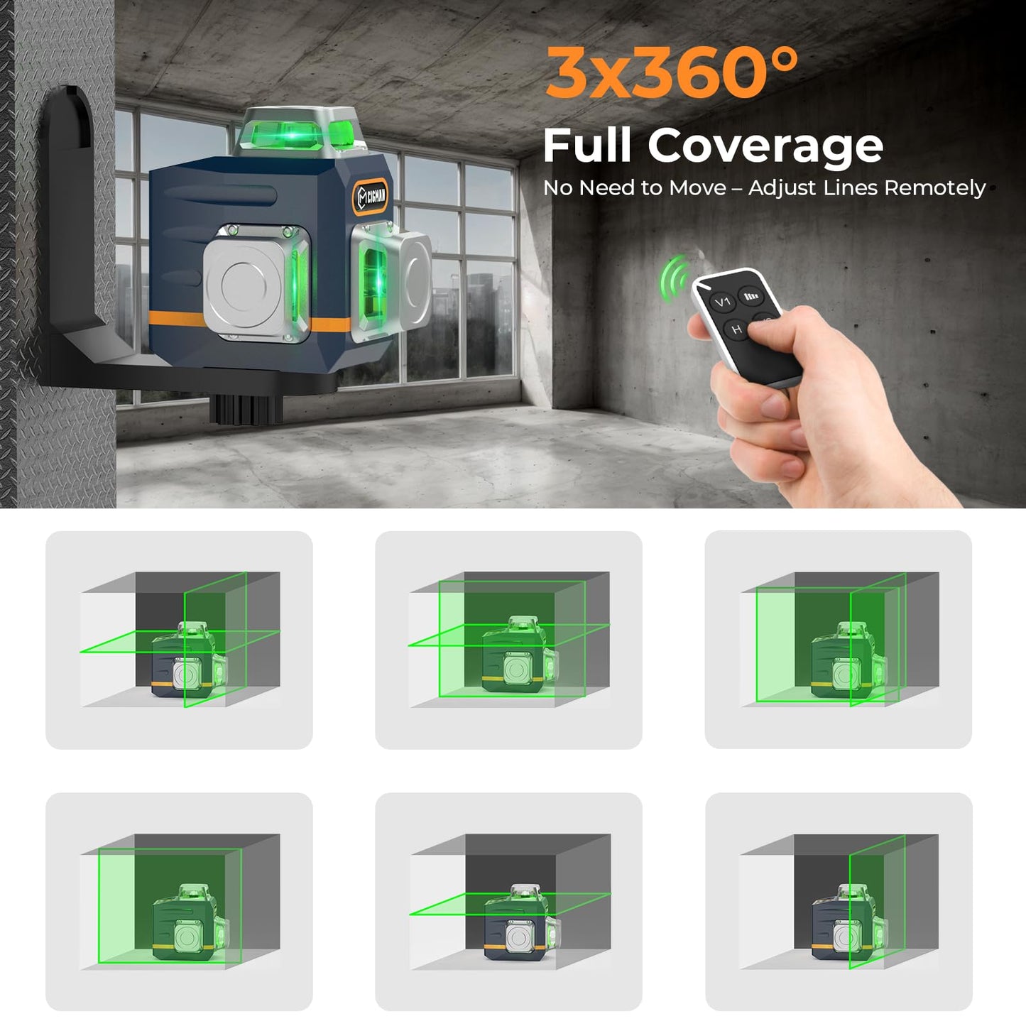 CIGMAN 3D Laser Level with Tripod,Remote Control,Compact Design,4000mAh Battery,Rotary Base,3x360°Self-Leveling Green Laser Leveler for Picture Hanging and DIY Projects