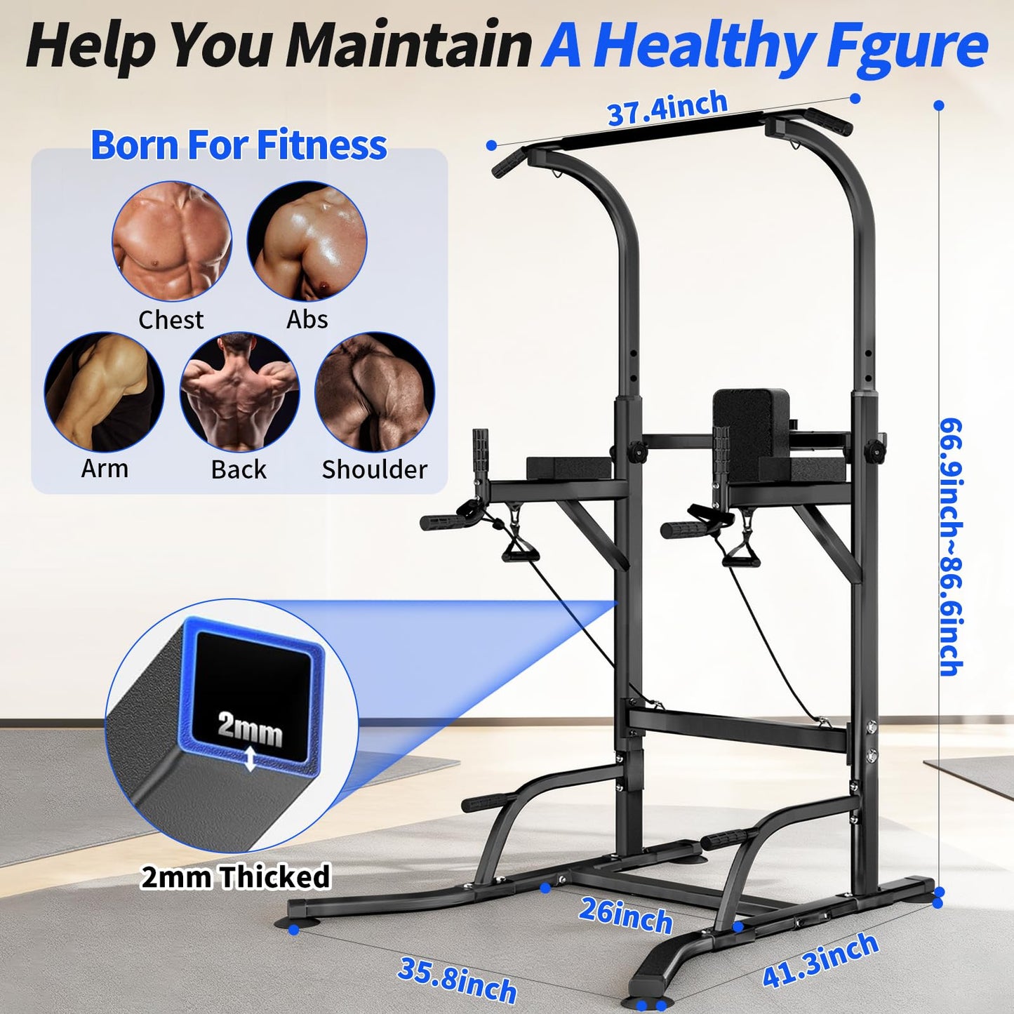 Pull Up Bar Power Tower Dip Station, Adjustable Strength Training Equipment for Home Gym Workout, Multi-Function Pull Up and Dip Bar
