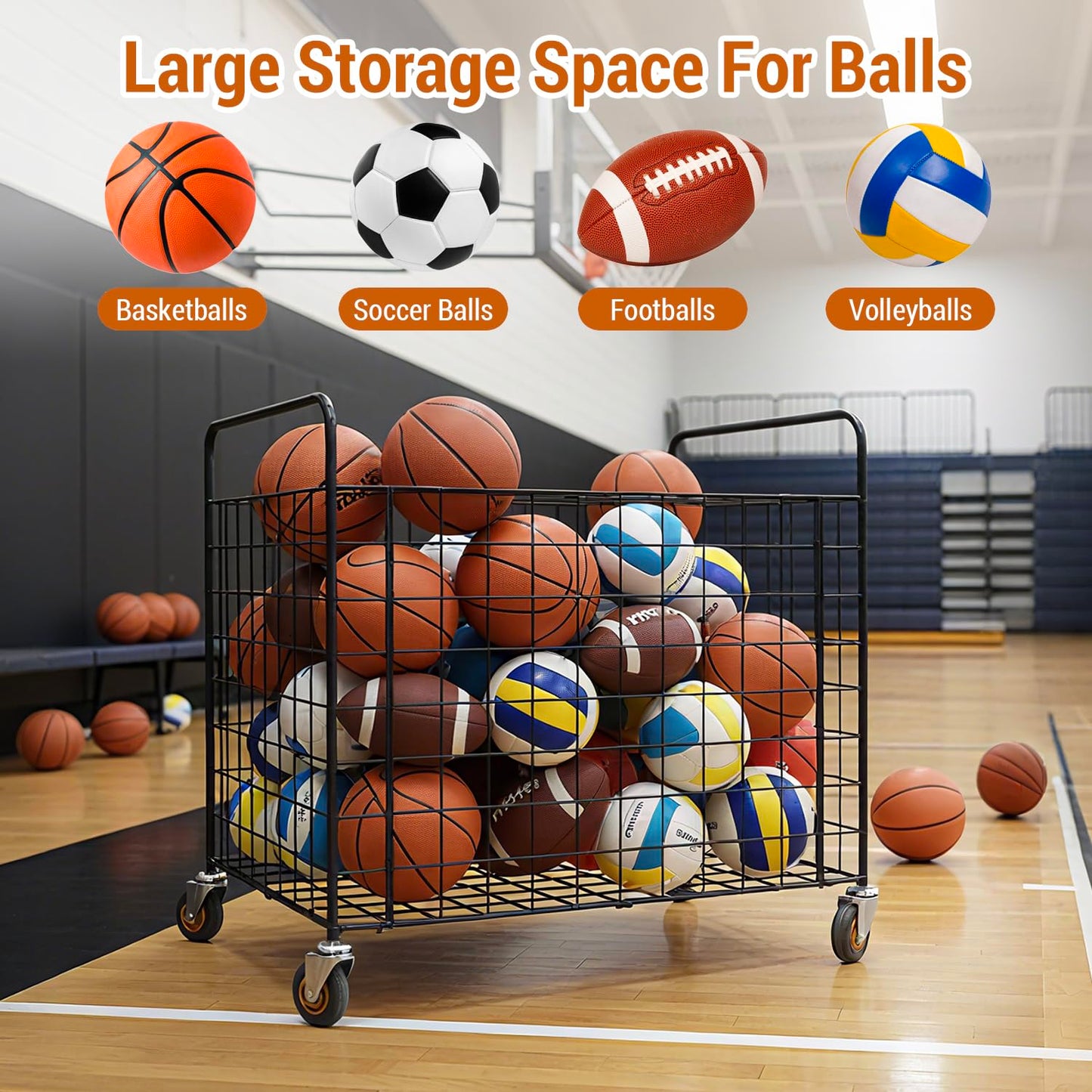 MyGift Ball Storage, Basketball Holder, Professional Gym Metal Multi Sports Ball Cart with Jumbo Industrial Wheels, Commercial Grade Portable Equipment Locker Cage for Football, Soccer, Volleyball