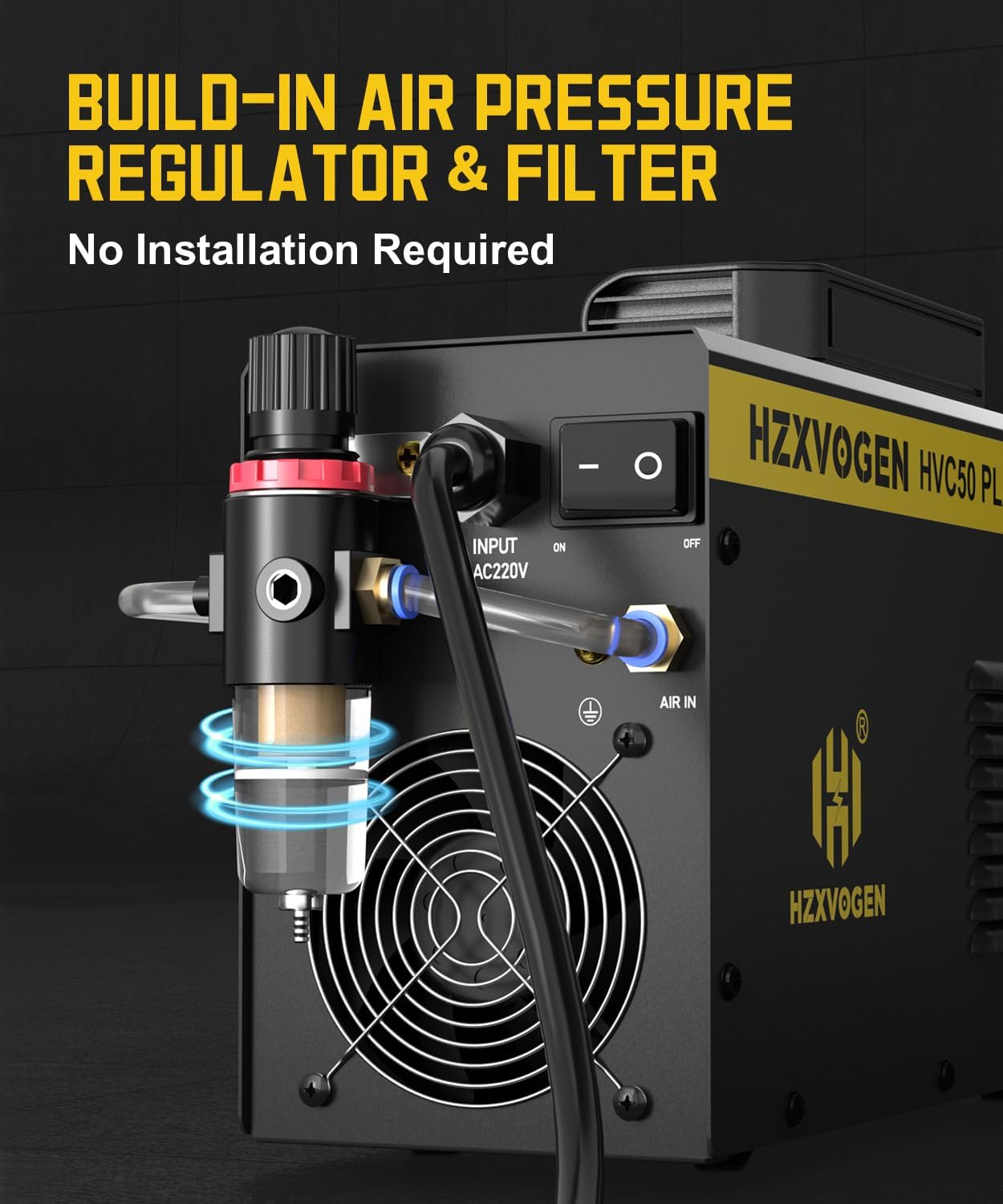 H HZXVOGEN Plasma Cutter with 400A G Style Earth Clamp, 50A Portable Plasma Cutter with Post Flow, 110/220V Dual Voltage Digital Display DC IGBT Inverter HF Air Plasma Cutting Machine