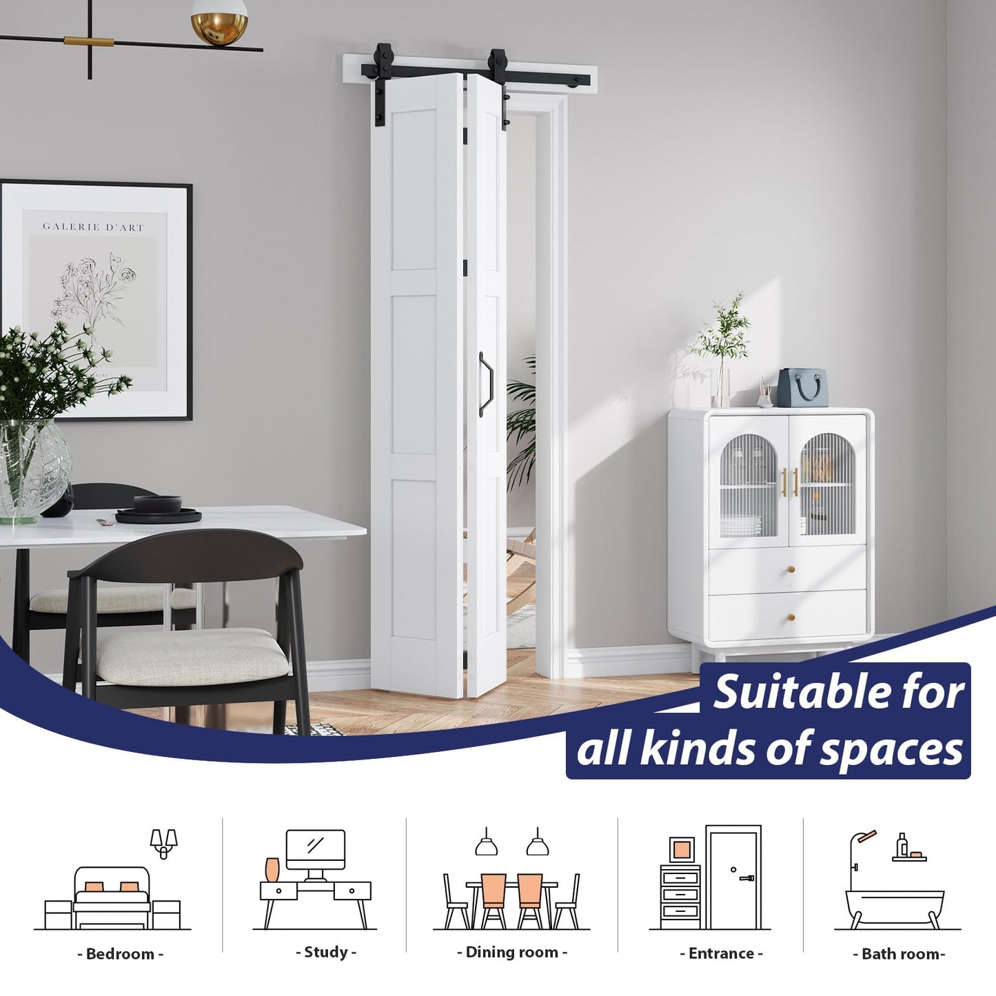 FREDBECK 30X84(Double 15x84) White Bifold Barn Door Sliding Bi fold Doors Bi-fold Folding with 34" Hardware Kit & Handle,Solid MDF Door with Water-Proof PVC Surface for Closet,Assembly Required