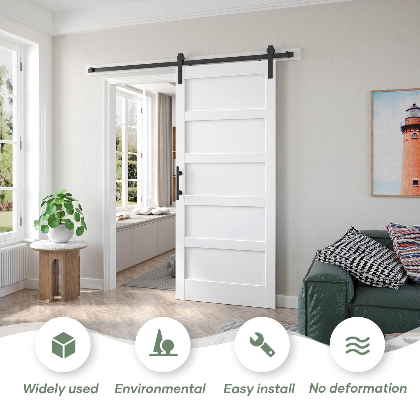 Fredbeck 34x80 inch White Barn Door with 6 FT Sliding Door Hardware Kit Included & Handle,MDF,Solid PVC Surface,DIY Assembly,5-Panel
