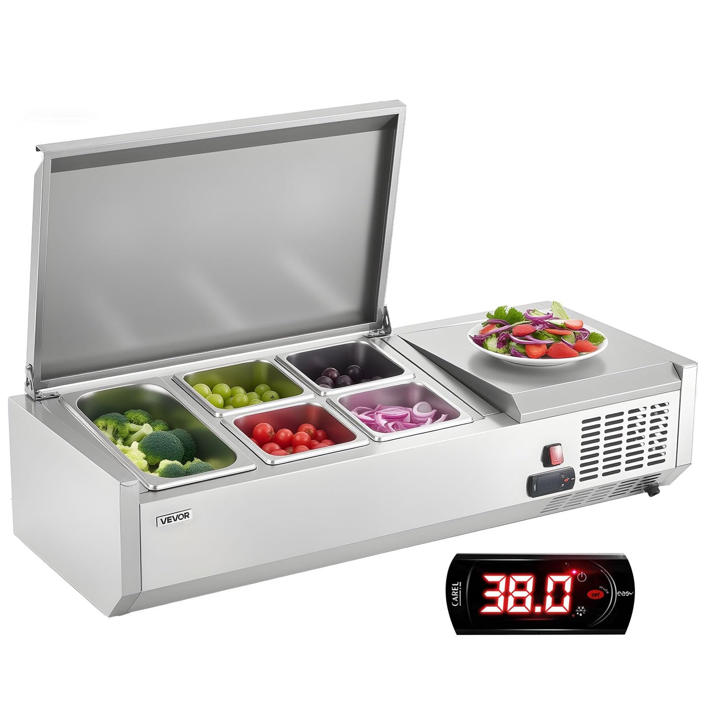 VEVOR Refrigerated Condiment Prep Station, 120 W Countertop Refrigerated Condiment Station, with One 1/3 Pan & Four 1/6 Pans, 304 Stainless Body and PC Lid, Sandwich Prep Table with Stainless Guard