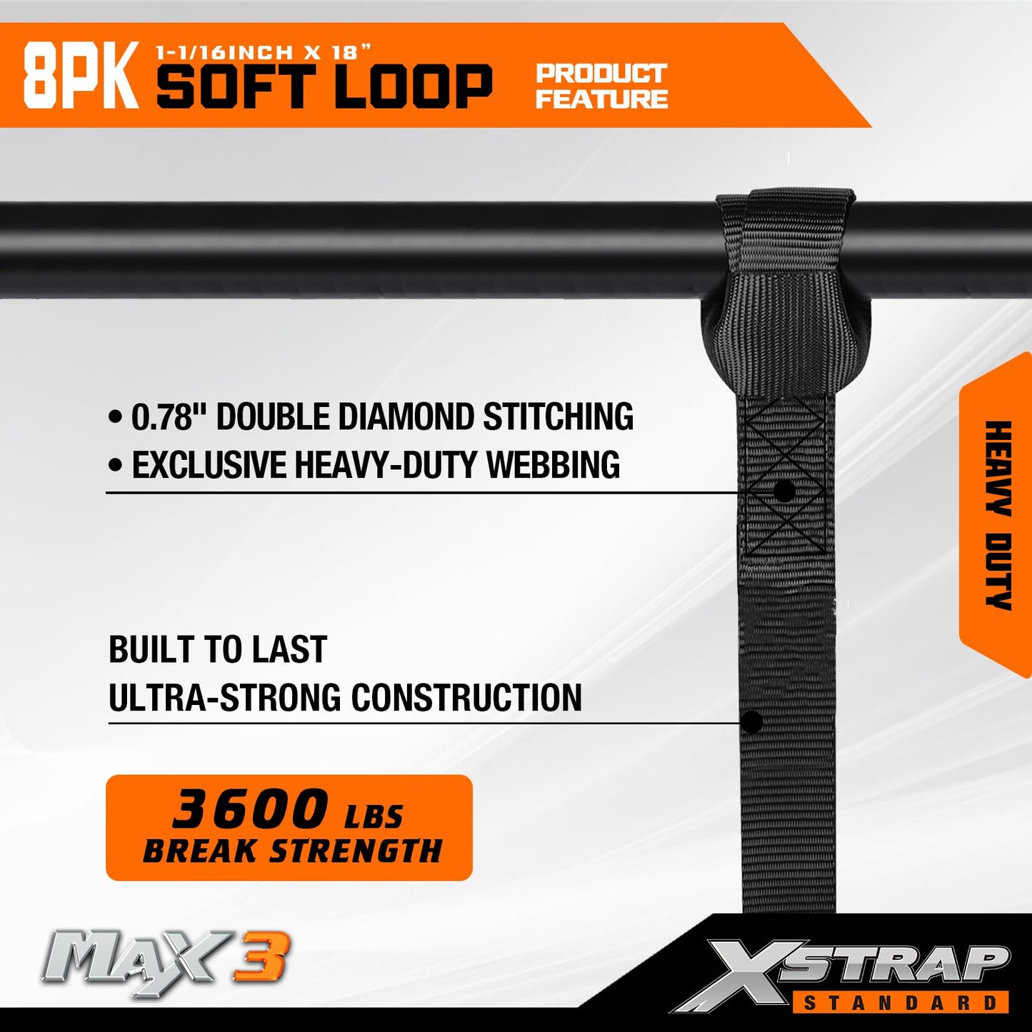 XSTRAP STANDARD Soft Loop Tie-Down Straps 8PK 1-1/16 x 18 inches - 3600LB Breaking Strength, Loops for Securing Trailering of Bikes, ATV, UTV, Motorcycles, Scooters, Dirt Bikes, Lawn Equipment, Black