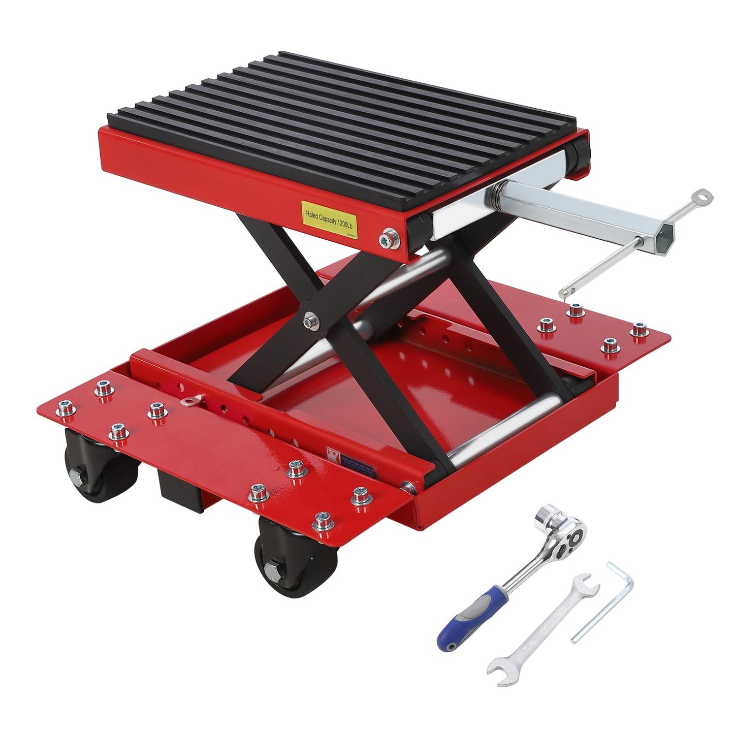 1200 LBS Motorcycle Lift, Dirt Bike Scissor Jack Lift Table with Hand Crank & Caster Wheels, 4.7"-15.4" Height Adjustable Center Hoist Stand for ATVs, Cruiser, Touring Motorcycles