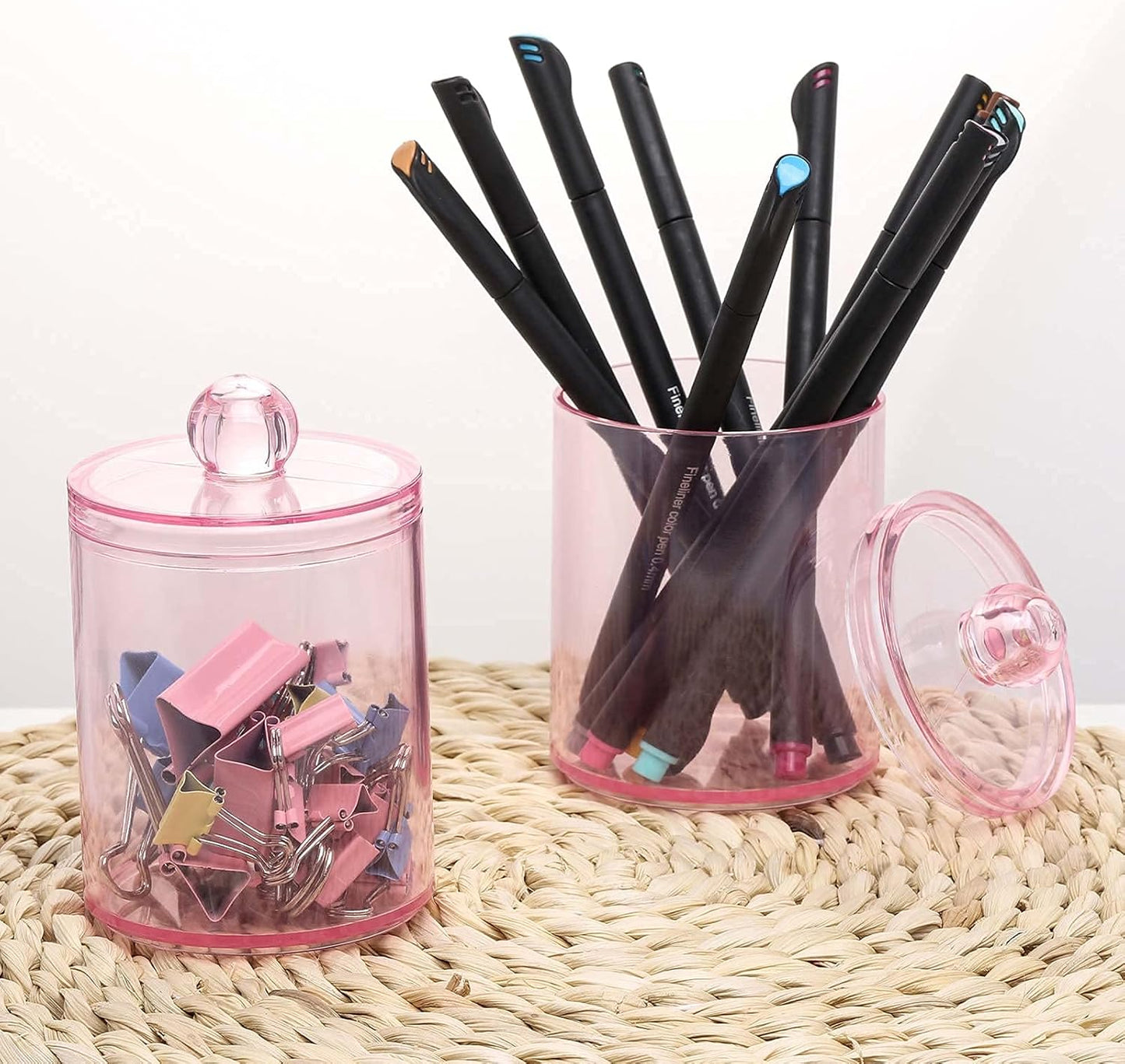 Tbestmax Qtip Holder - 2 Pack Bathroom Canisters for Cotton Ball & Swab Storage | Pink 10-Ounce