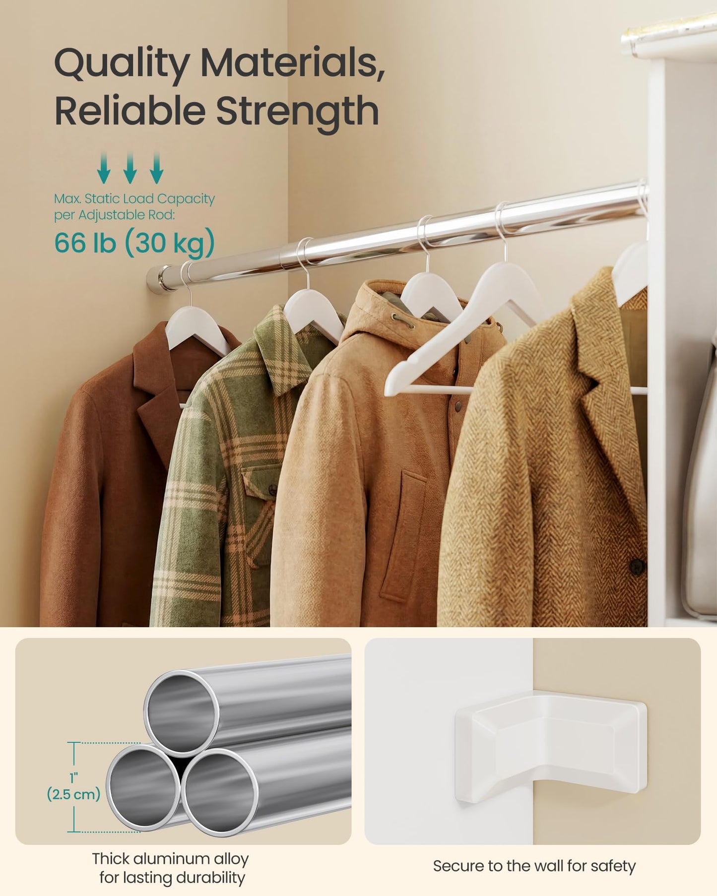 SONGMICS Closet System, Customizable Walk-In Closet Organizer System with Adjustable Hanging Rods and Storage Shelves, White, Fits Spaces 4-9.6 ft URGR040WZ01S