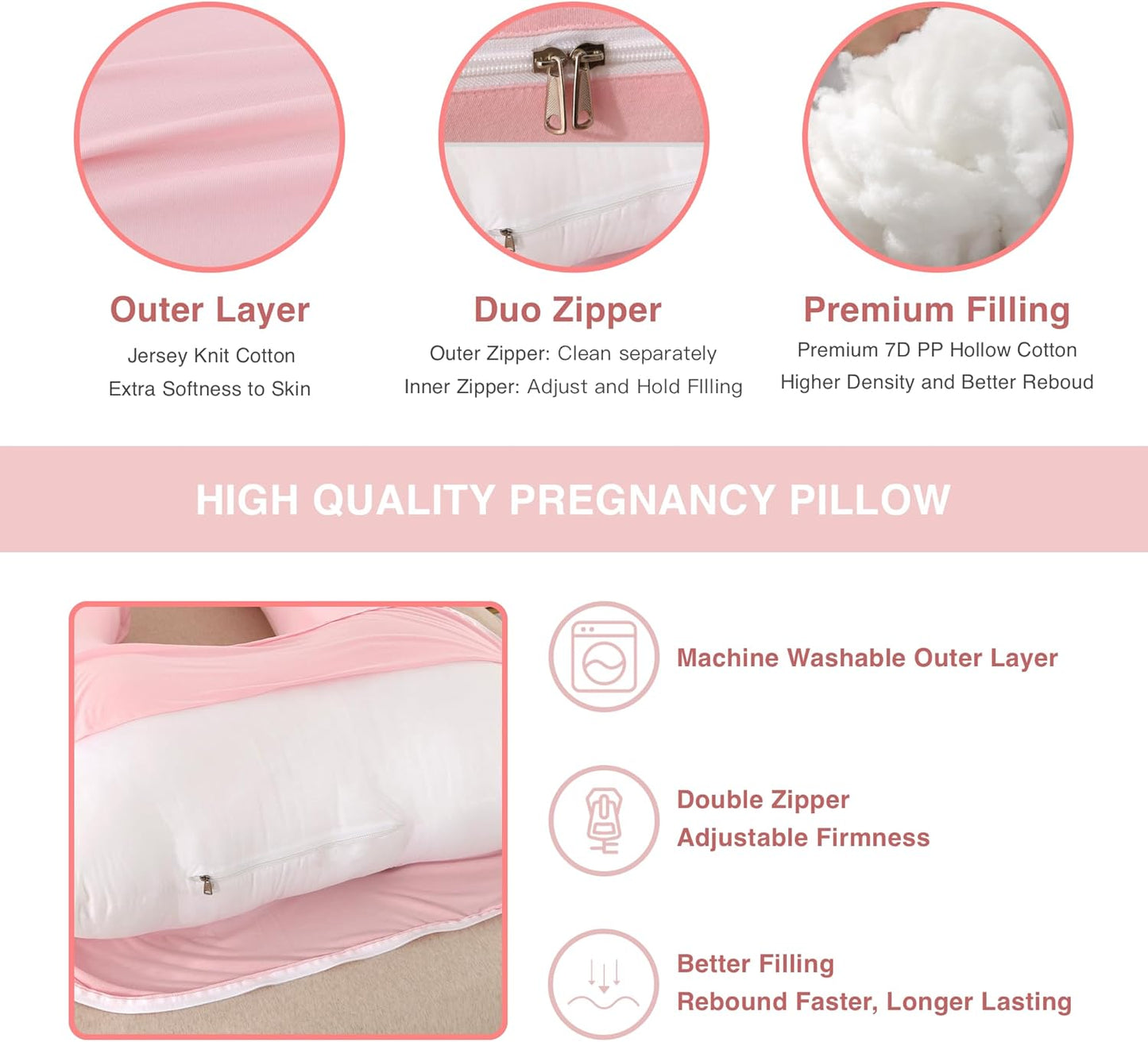 Allopera Pregnancy Pillow - Full Body 57-Inch Maternity Pillow with Removable Cover | Sleep Support for Pregnant Women, Pink