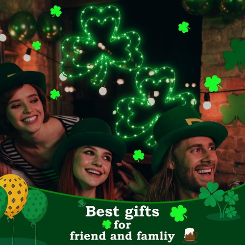 Kenburg 2 Pcs St. Patrick's Day Window Lights, 13" 8 Modes LED Double Shamrock Window Lights, Timed Battery Powered with Remote, Lighted Irish Green Clover Iron Silhouette for Window Home Decoration