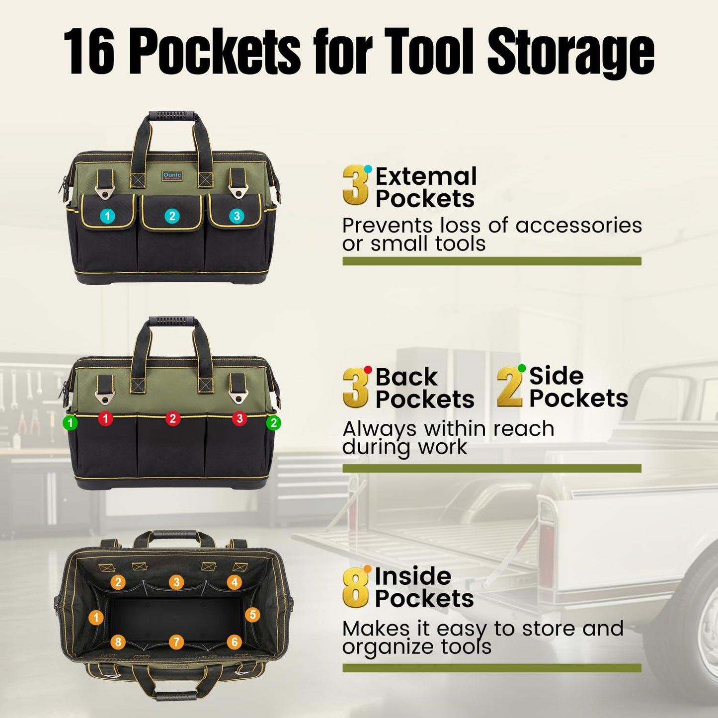 Tool Bag, Ounic 18 Inch Large Tool Tote Bag Heavy Duty With Waterproof Molded Base, Wide Mouth Tool Box Organizer with Adjustable Shoulder Strap for Electrician Mechanic Craftsman Plumbers(Green)