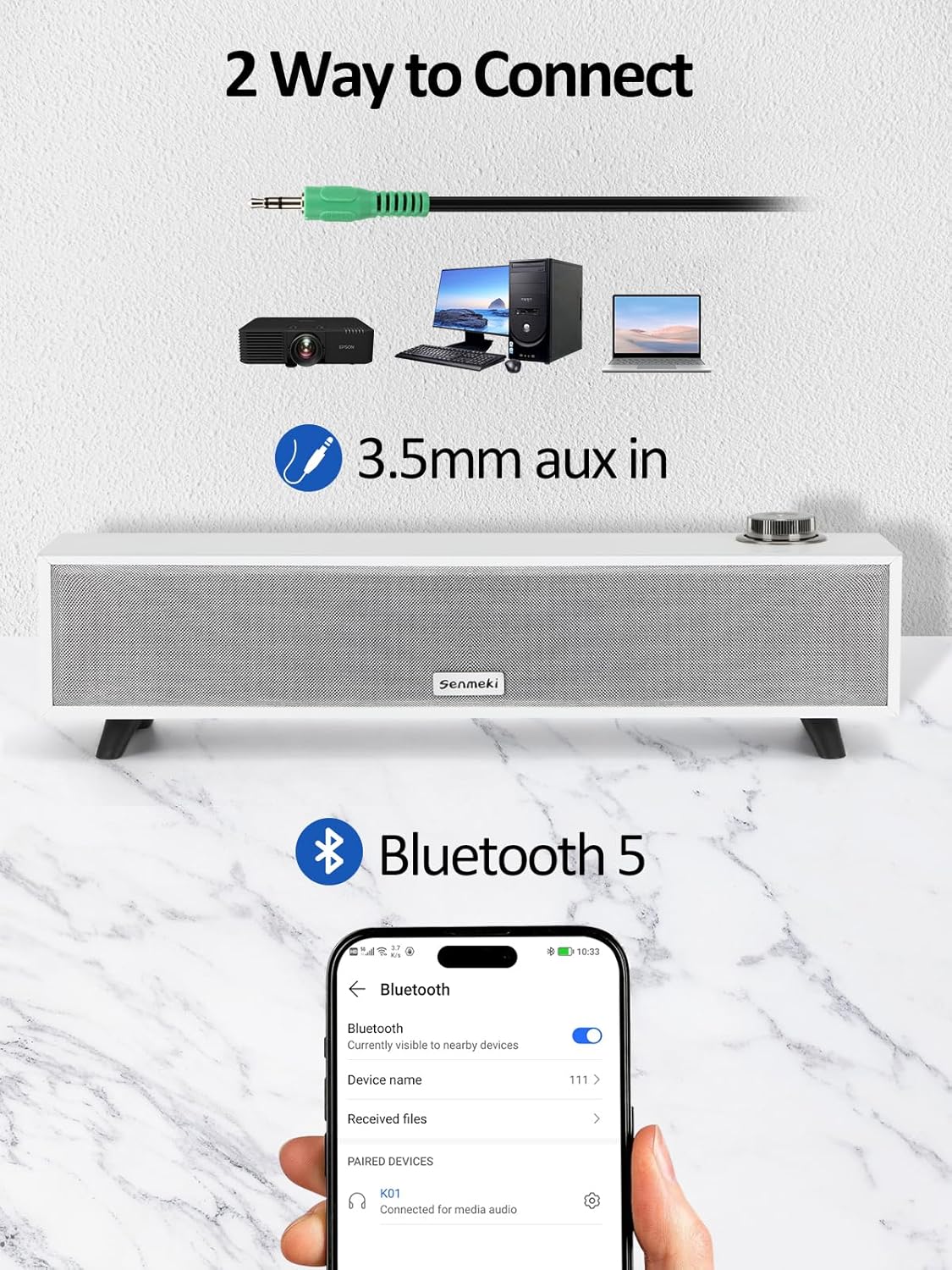 Senmeki 10W 5.0 Tablets(K01) Computer Speakers, Computer Sound Bar, USB Powered PC Speakers, Bluetooth and RCA Input pc