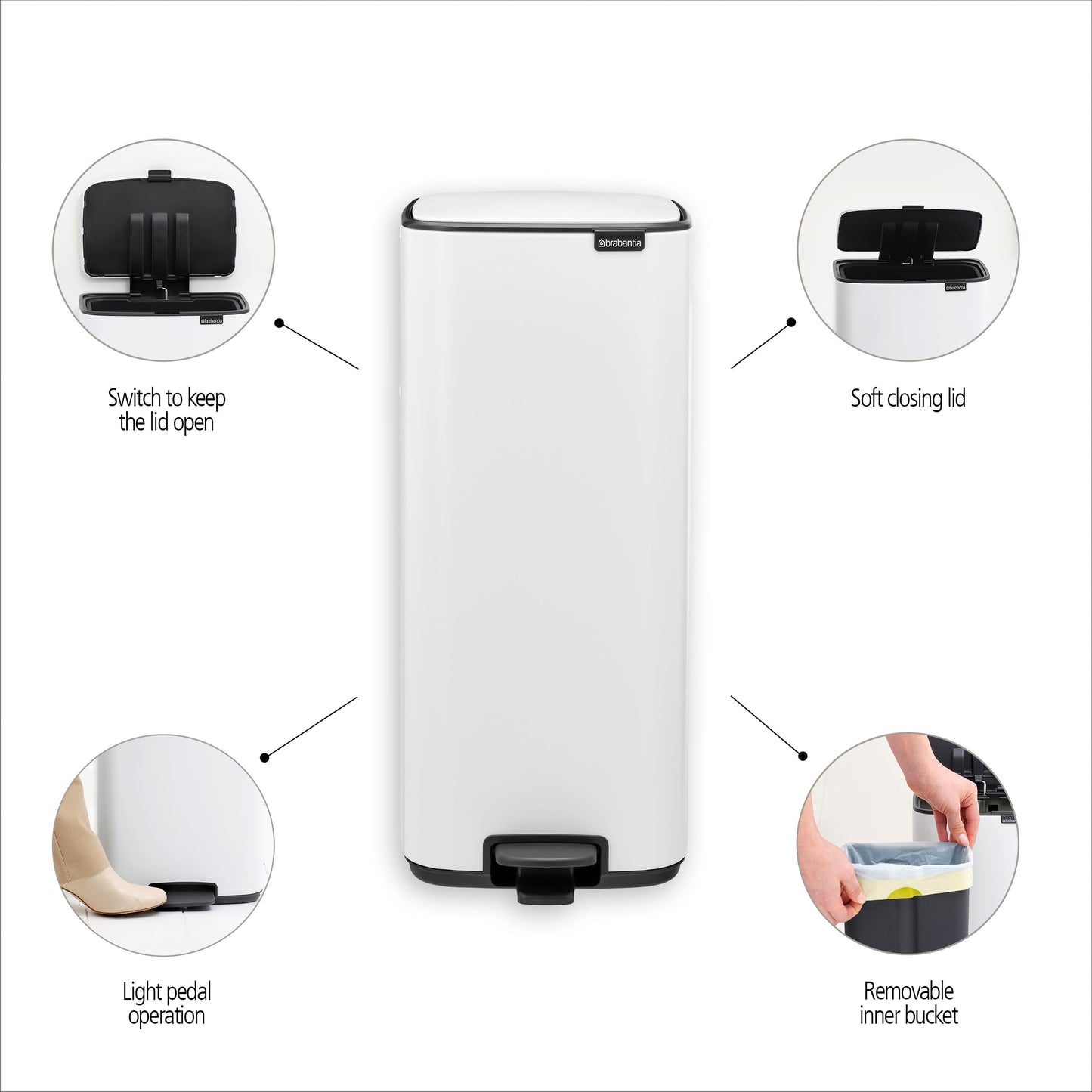 Brabantia Bo Step-On 8 Gallon Square Trash Can | Mineral Infinite Gray | Light-Pedal, Soft-Close Kitchen Trash Can, Removable Inner Bucket, Non-Slip Base | Sample Trash Bags Included