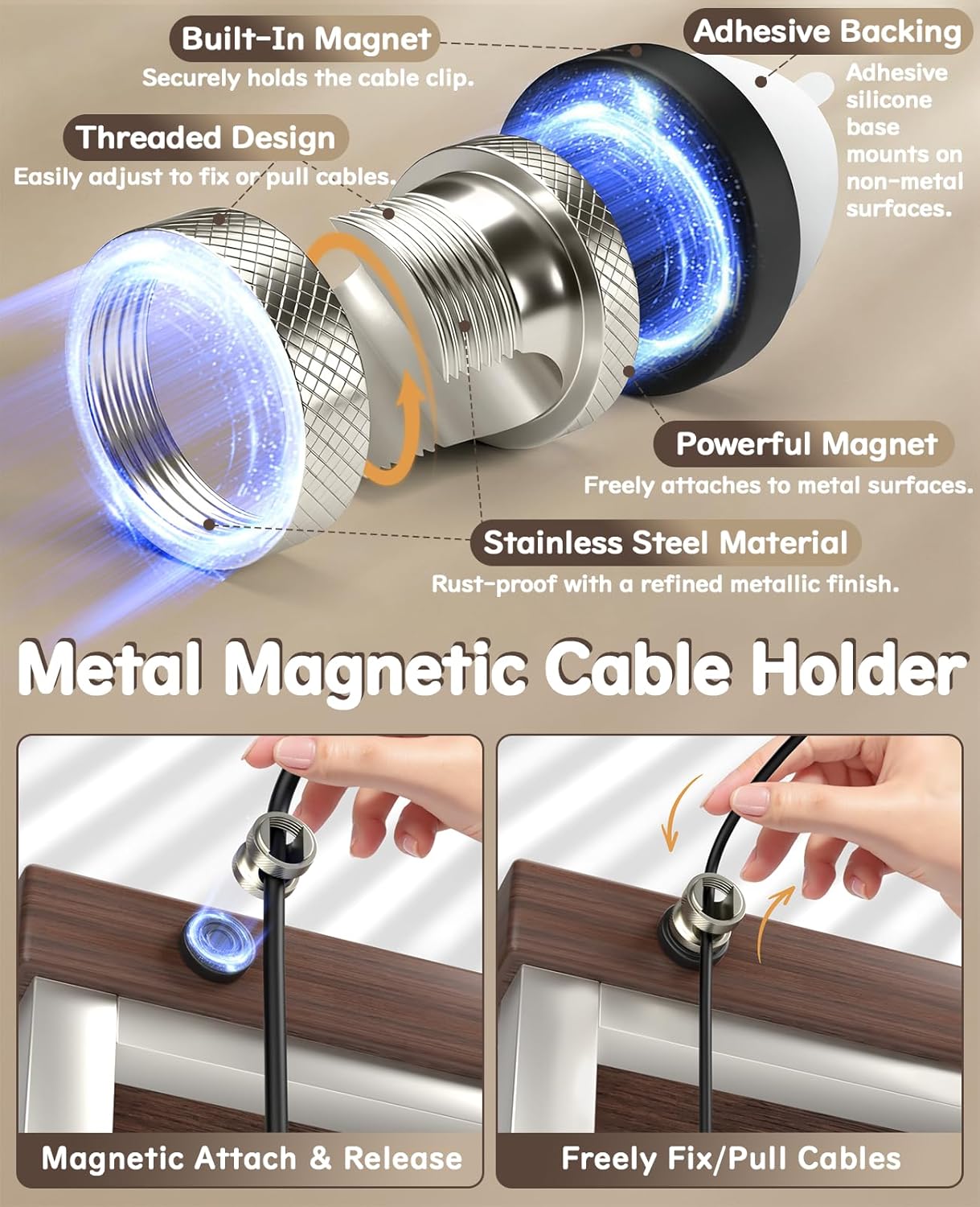 Maveek (4 Pack) Metal Magnetic Cord Holder, Magnet Cable Clips Stainless Steel Adjustable Cord Organizers for Desk