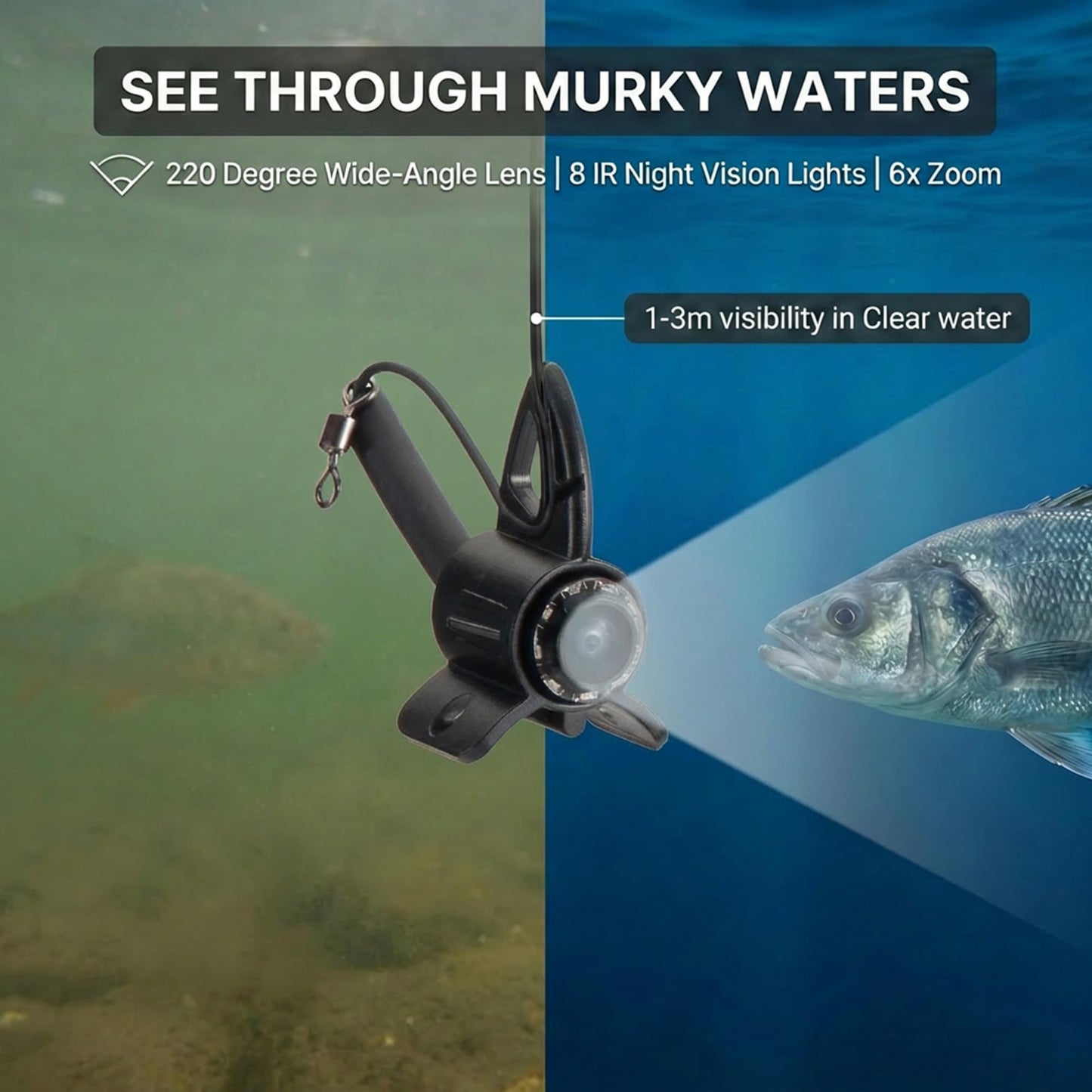 Takkicept Underwater Fishing Camera & Fish Finder: 5.5 Inch 1080P OLED Screen DVR 32GB Storage with 220° Adjustable Lens 82ft Cable IP68 Waterproof - Outdoor Fishing Ice & Lake Anglers