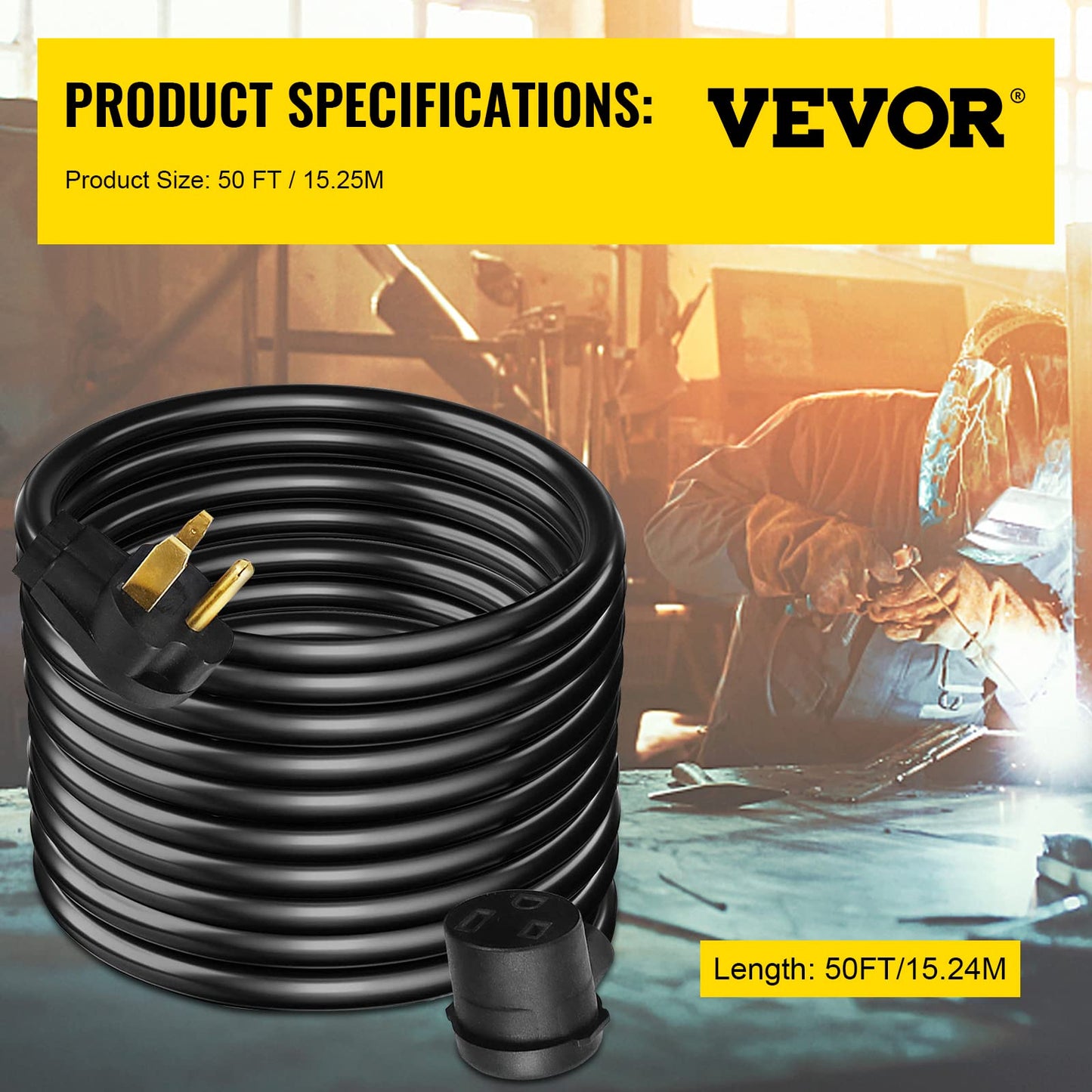 VEVOR 50FT Welder Extension Cord 40 Amp 250V 10 Gauge, NEMA 6-50 3 Prong, STW 10/3 AWG Heavy Duty Welding Power Cord for MIG/TIG/Plasma/Lincoln/Miller