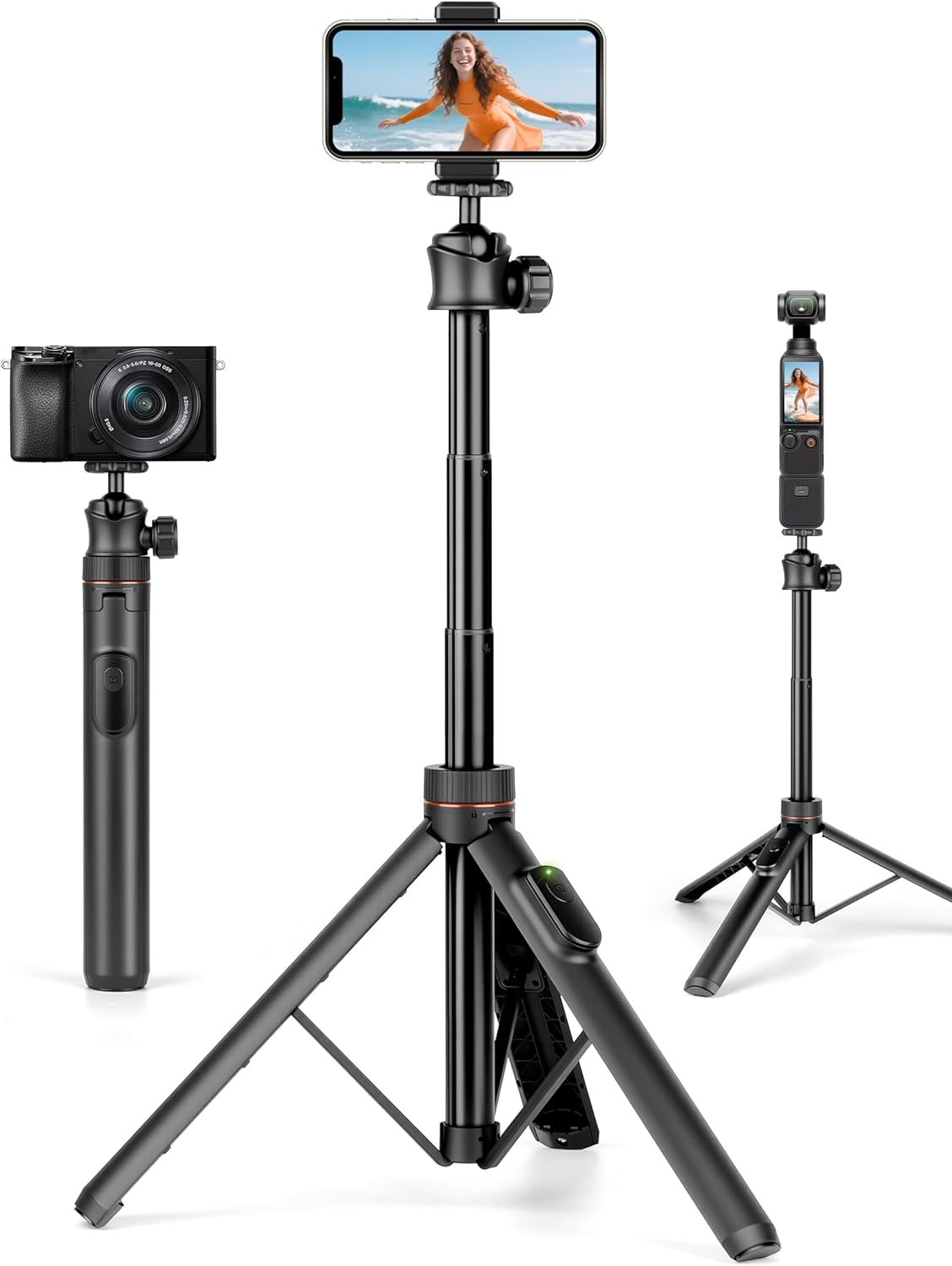 JOILCAN 64" 360 Tripod for iPhone & Camera, Selfie Stick with Ball Head Remote & Phone Holder, Extendable Portable