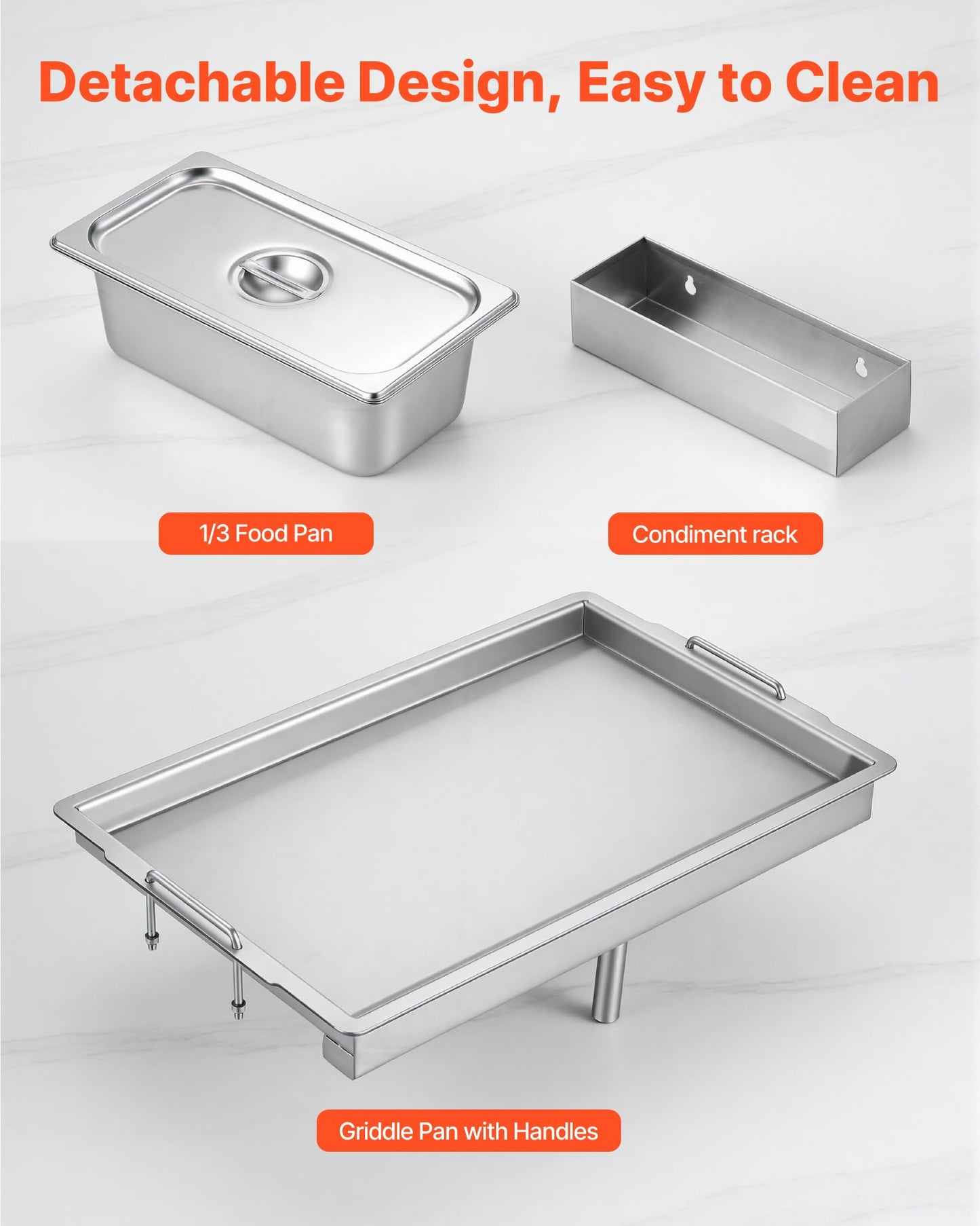 VEVOR Outdoor Propane Griddle, 2 Burners (11,600 BTU Each), Commercial Stainless Steel Gas Griddle Cart with 4 Lockable Wheels, 1/3 Food Pan, Easy-Grip Side Handle, Ideal for Hot Dogs, Burgers & Meats