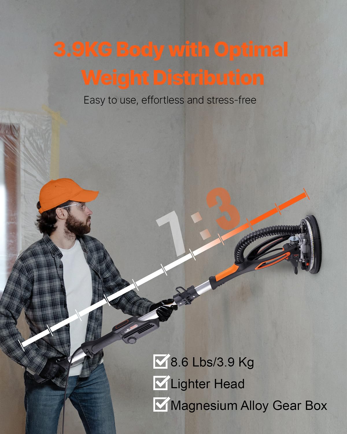VEVOR Wall Smoother, 900W Electric Tool with 12 Sanding Discs, 800 to 1800 RPM Speed, 3 Vacuum Hoses, Collapsible for Ceiling Use, Dual LED Lights, Telescoping Handle, and Built-in Dust Collector