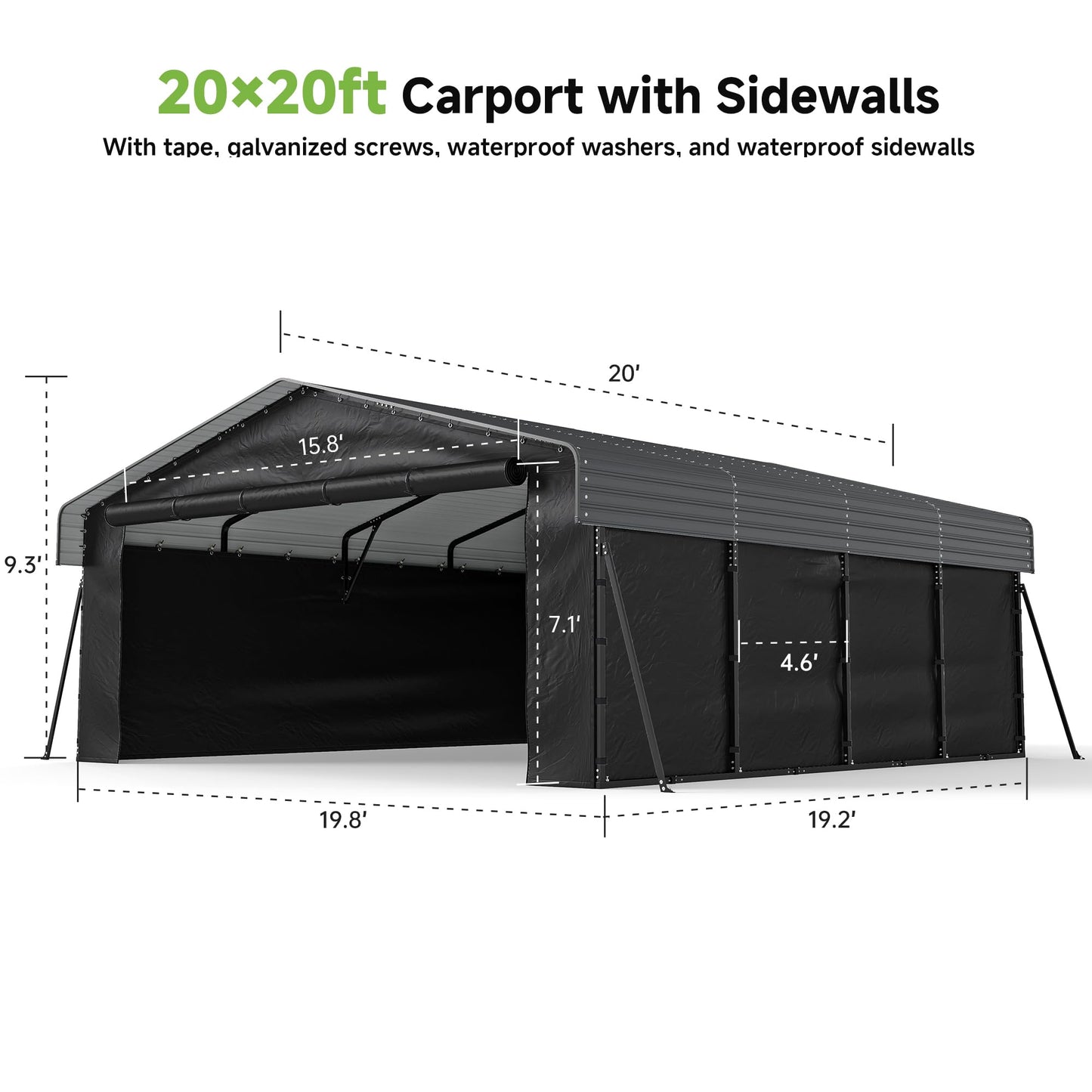 20x20FT Heavy Duty Metal Carport,Outdoor Garage with Removable Sidewalls & Doors, Heavy Duty Steel Frame and Galvanized Roof for Cars and Boats, Gray