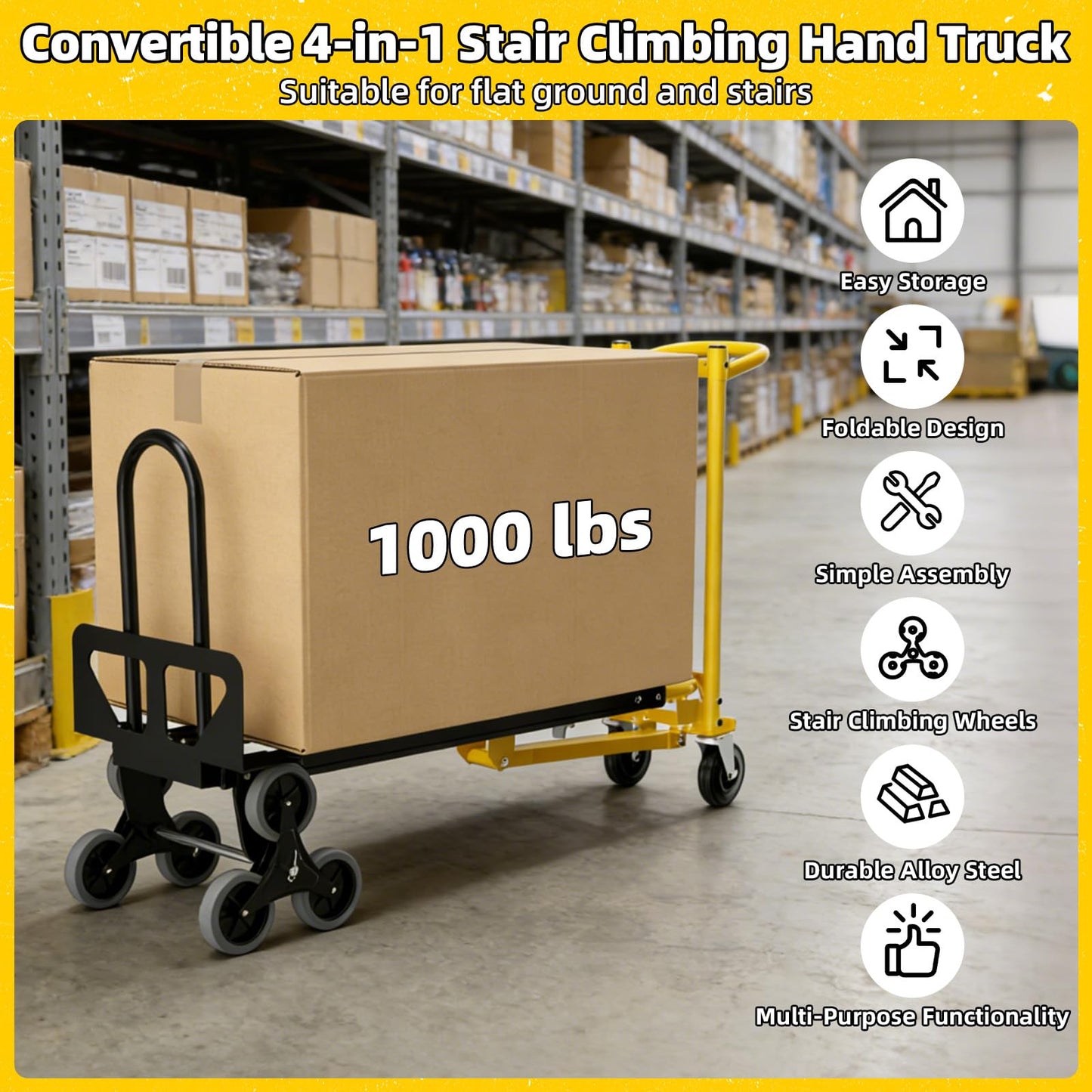 4 in 1 Convertible Hand Truck Dolly Cart with Wheels, 1000Lbs Capacity, Heavy Duty Stair Climbing Hand Trucks with Bungee Cord & Strap for Flat Ground & Stairs, Logistics, Home, Office, Yellow