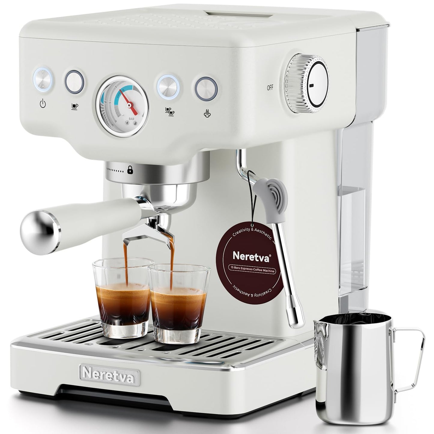 Neretva Espresso Machine, 15 Bar Espresso Coffee Machine with Visible Pressure Guage Professional Espresso Maker with Milk Frother & Stainless Steel for Home Barista Latte and Cappuccino Maker - White
