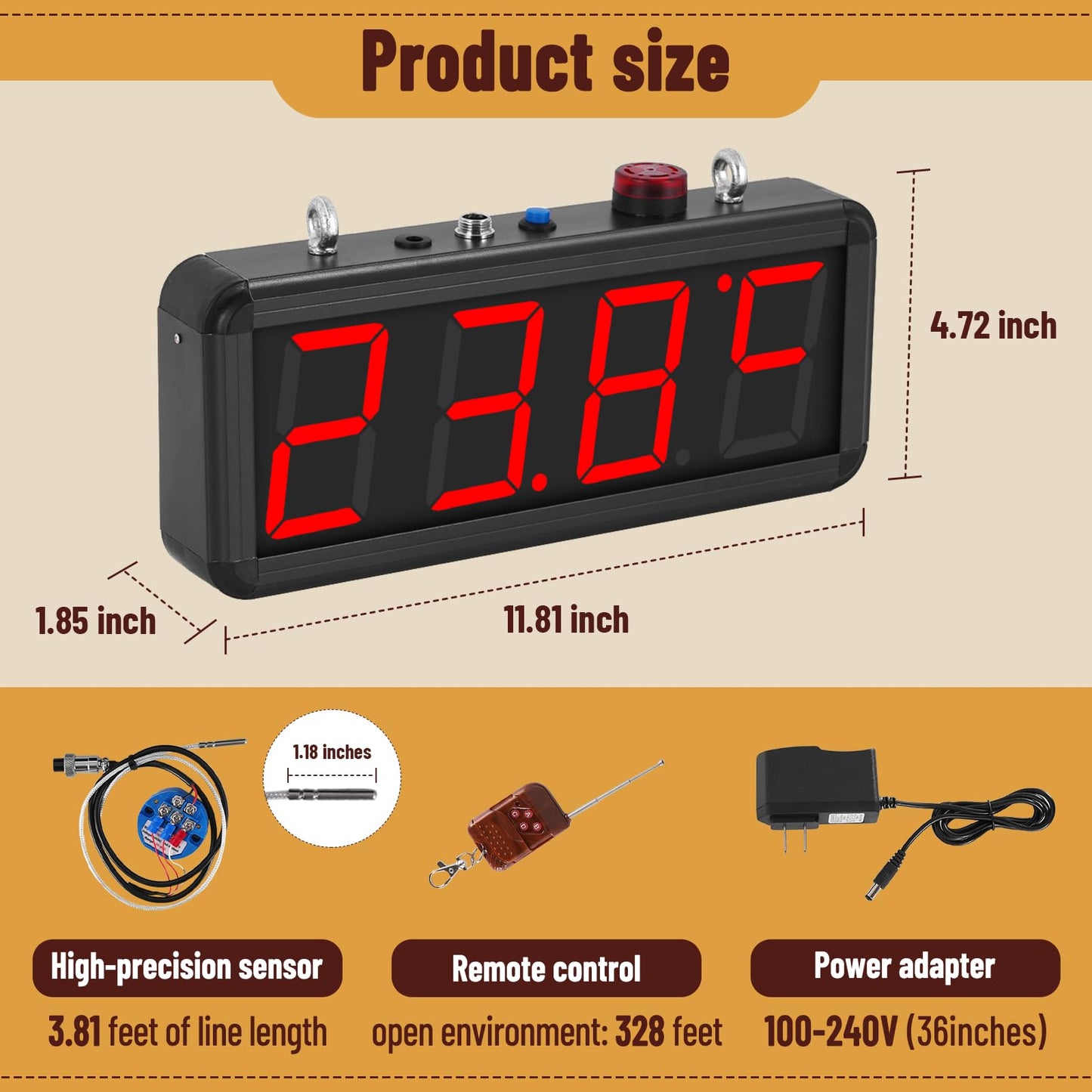 JIAWANSHUN 4" Large LED Industrial Temperature Display, -58℉-212℉ ±0.9℉, ℃/℉ Adjustable Thermometer with Flashing Alert & Independent Switch, for Lab, Aquarium & Freezer