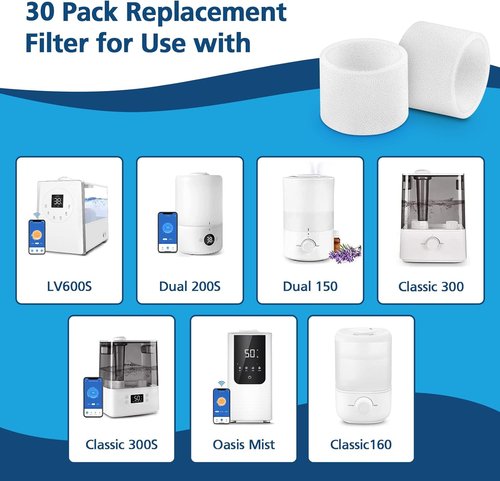 LEVOIT Humidifier Replacement Filters - 30-Pack for Classic160, Dual150, Dual200S, Classic300(S), LV600S, OasisMist450S, Superior 6000S