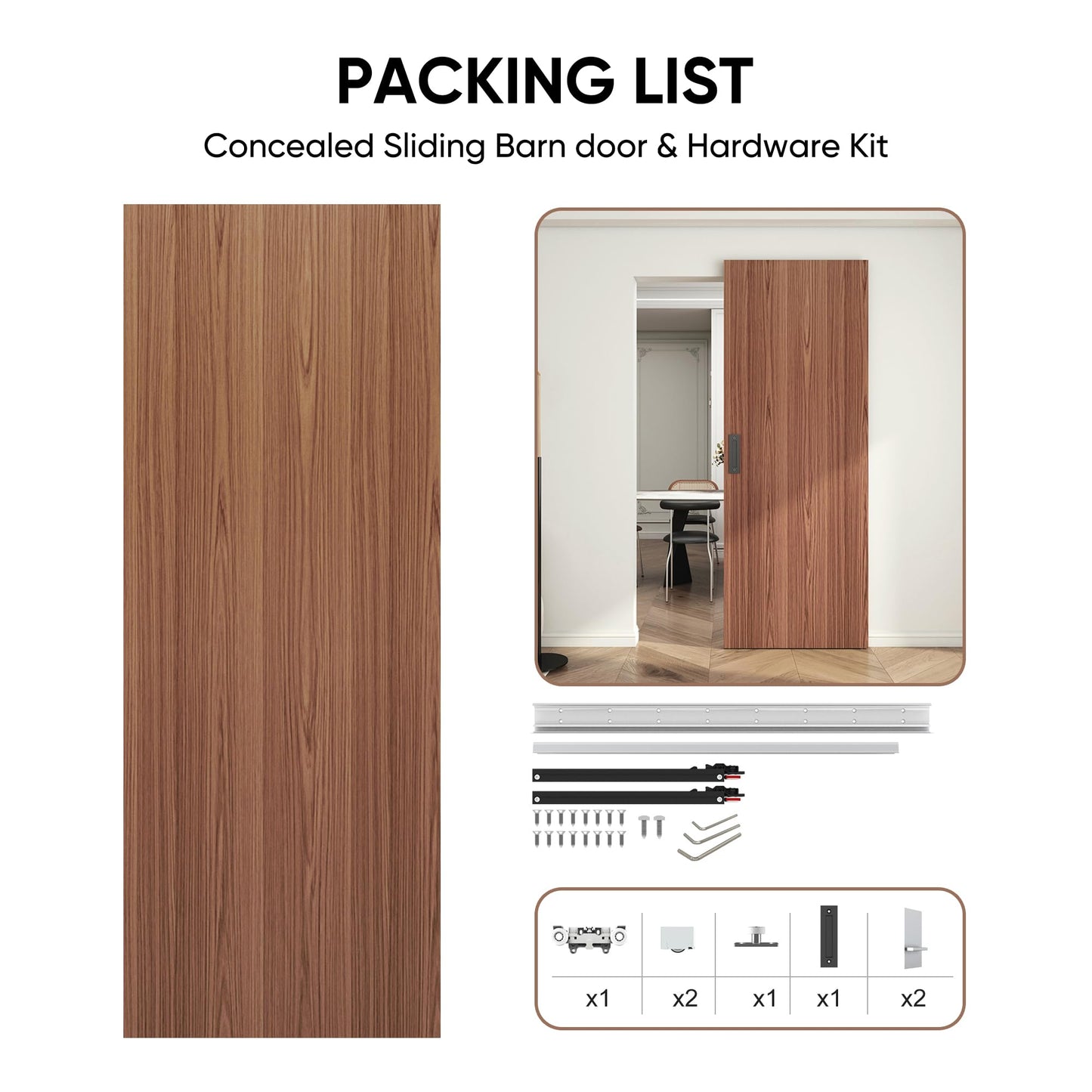 JUBEST 40"x86" Concealed Sliding Barn Door with Soft Close Hardware Kit, Brown Hidden Door for Opening 32"-36"x84", Waterproof and Modern, Smooth Sliding, for Interior Using, Widely Used