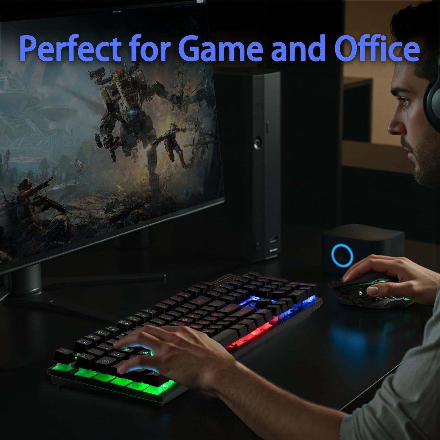 CHONCHOW 2.4G Wireless Keyboard and Mouse Combo - Rechargeable USB Rainbow LED Backlit Wireless Gaming
