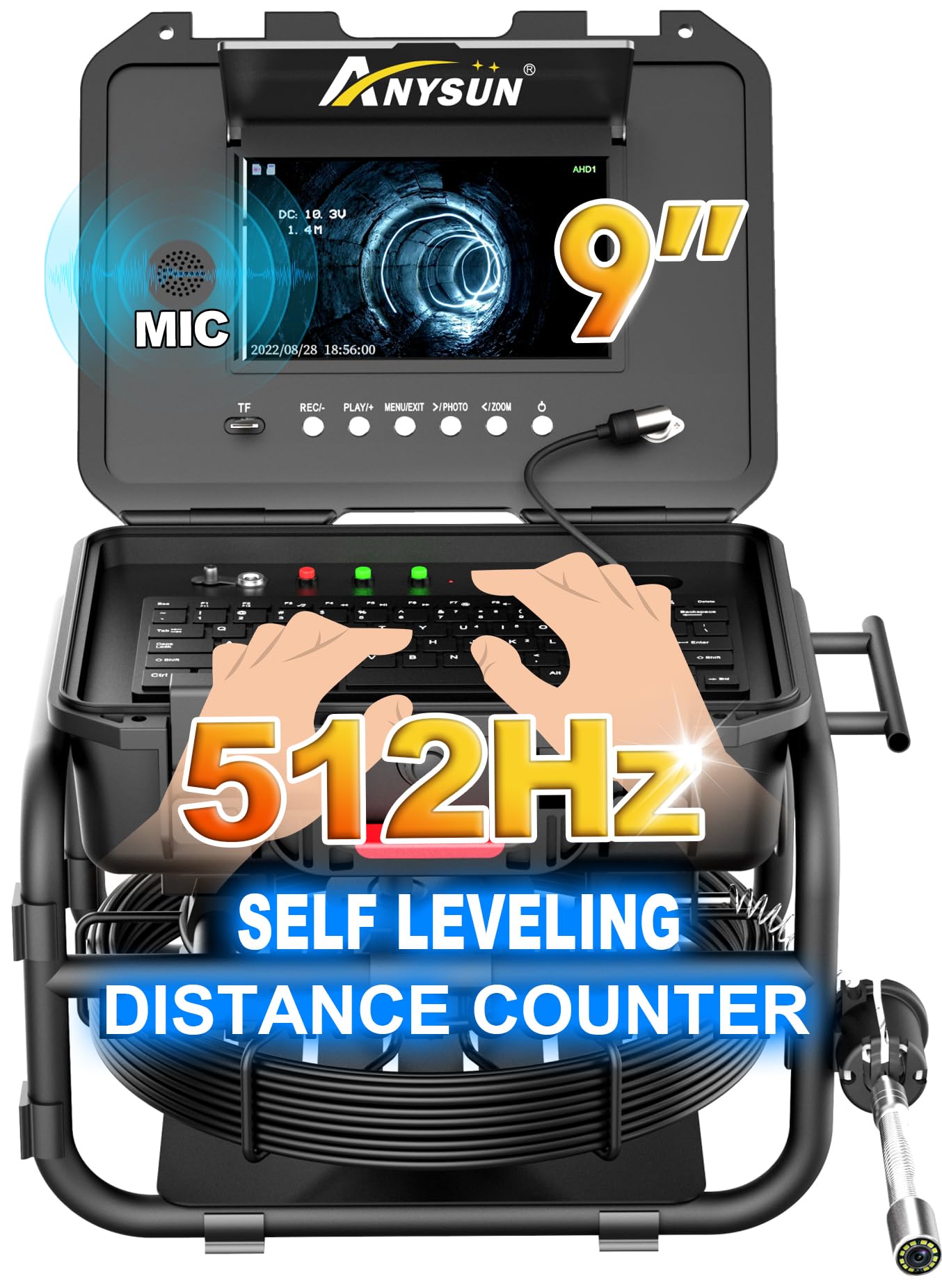 Anysun All-in-1 Sewer Camera - 512Hz, Distance Counter, Self-Leveling, 1-Touch Video/Audio, 165Ft Pipe Inspection Camera with 9" 1080P Screen, IP68 Industrial Borescope, 16GB