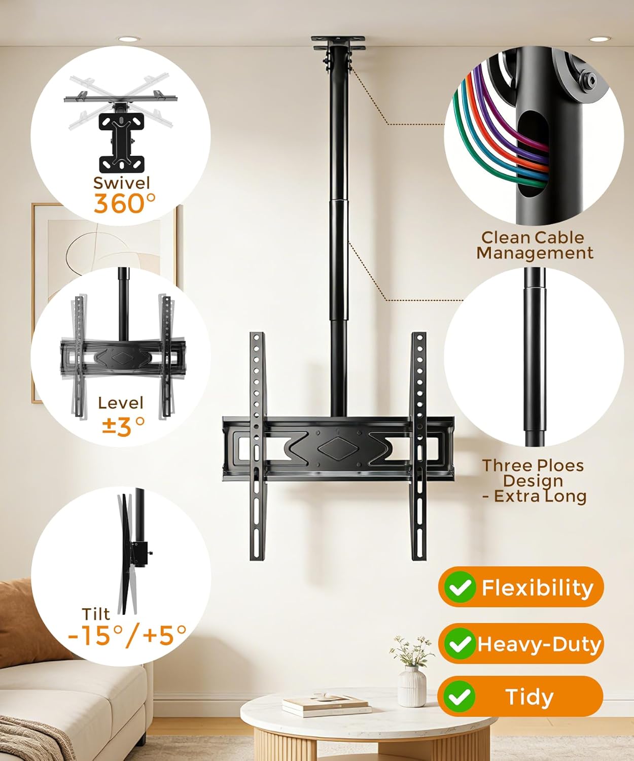 Solid As Mountain 39 26-65 Inch 4K 400x400mm, 110lbs Ceiling TV Mount for LCD LED OLED TVs, Heavy Duty Hanging TV
