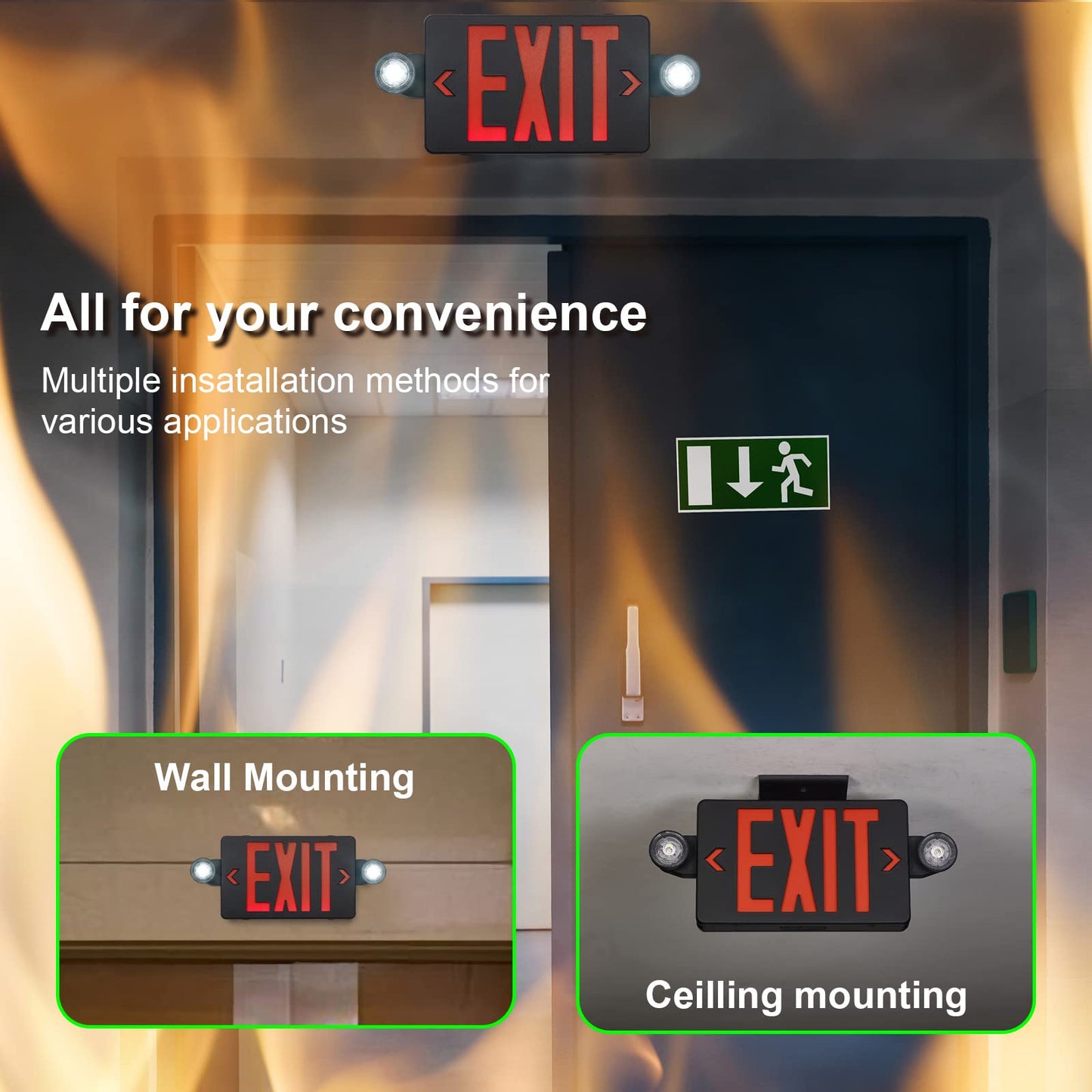 GZRUIYANG Black Housing Exit Sign with Emergency Lights Red, LED Emergency Exit Light with Battery Backup, UL 924 Certified, AC 120/277V, Commercial Emergency Lights Combo for Business - 2 Pack