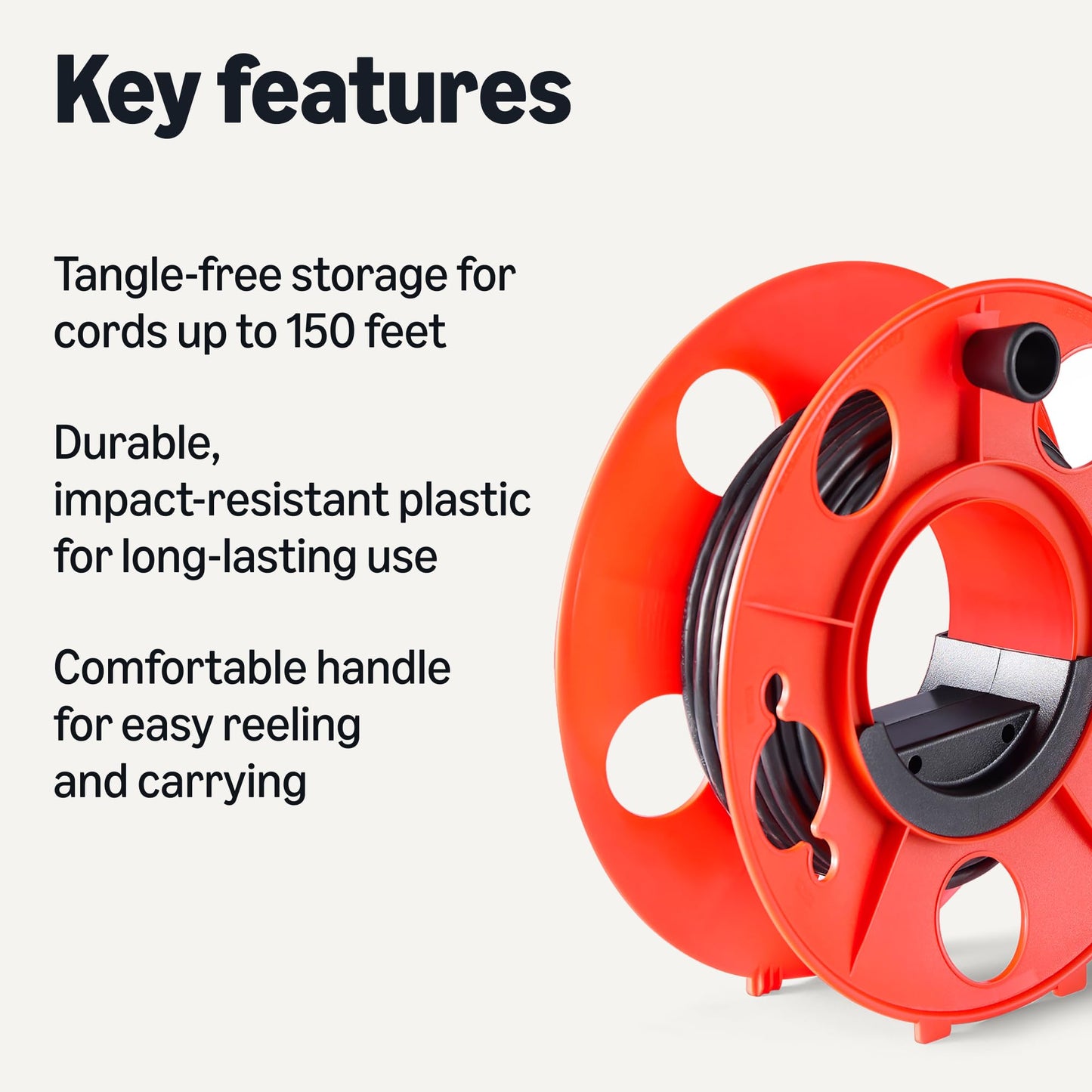 Amazon Basics Extension Cord Reel, 150-foot Capacity for 16/3 SJT Cord, Impact-Resistant, Orange
