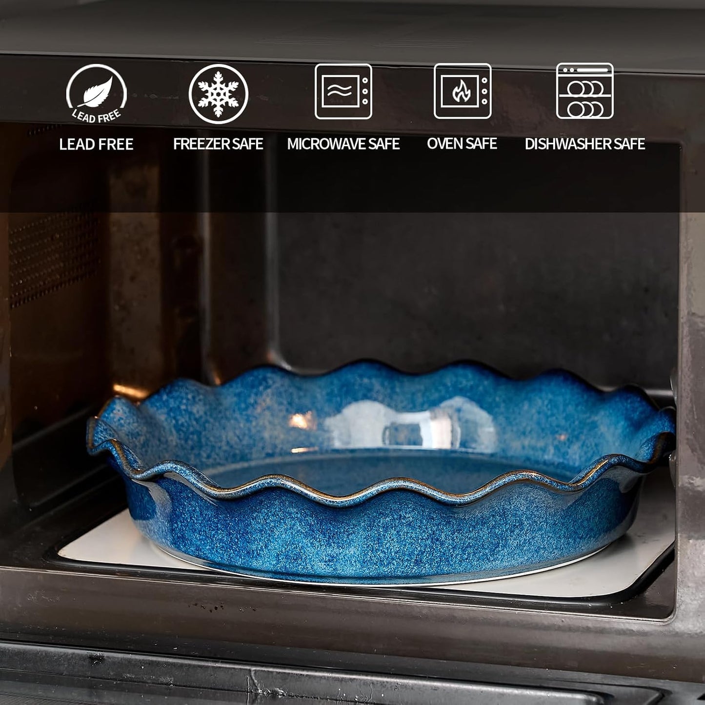 SIDUCAL Ceramic Pie Pan - Reusable Non-Stick Baking Dish with Ruffled Edge | Deep 10.5-Inch Active Blue