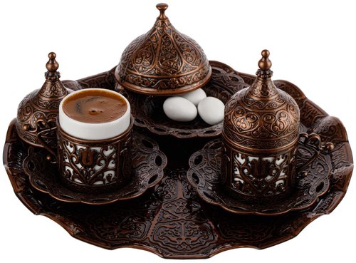 DEMMEX Turkish Greek Arabic Coffee Making and Serving Full Set with Cups Saucers Lids Sugar Bowl Tray and Copper Coffee Pot, Hand Decorated with Gold Crystals, 12 Pcs