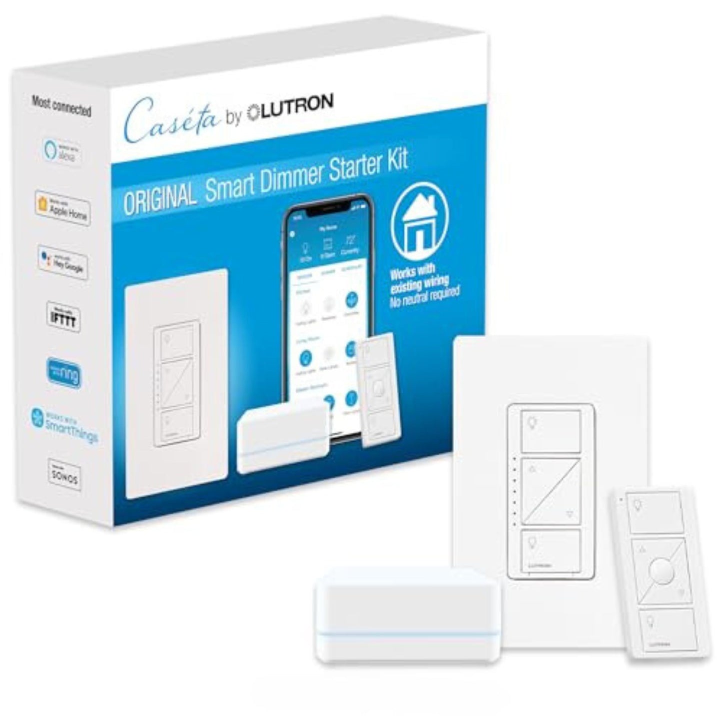 Lutron Caseta Original Smart Dimmer Switch Starter Kit, with Pico Remote, Wall Plate, and Smart Hub, Works with Alexa, Apple Home, and Google Home, 3 Way, 150W, No Neutral Req, P-BDG-PKG1W