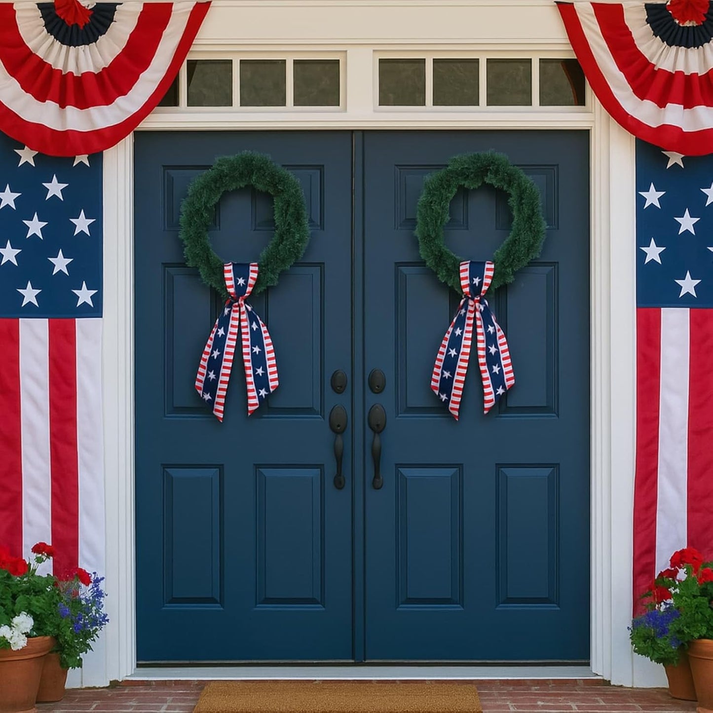YKW Patriotic Wreath Sash - Premium Cotton Linen, 2 Pack, 5" W x 56" L, Red White Blue Stars & Stripes Decor