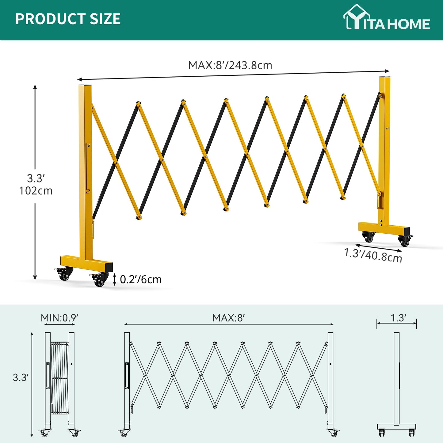 YITAHOME Metal Expandable Mobile Barricade, 8FT Folding Security Gate, Retractable Driveway Gate, Folding Safety Barricade with Casters