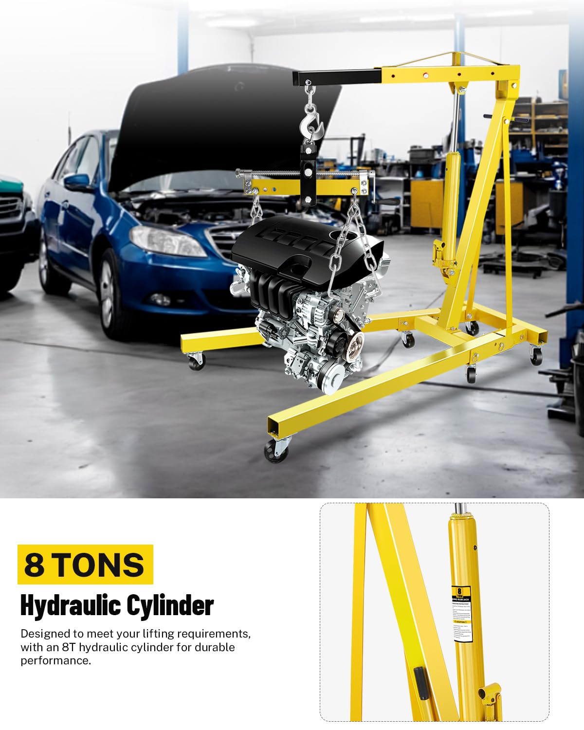 Garvee 2 Ton Engine Hoist Cherry Picker with Lever, 4400 Lbs Capacity with 6 Steel Casters & Foldable Design - Heavy-Duty Portable Hydraulic Crane for Truck Engines, Boat Motors, Farm Equipment