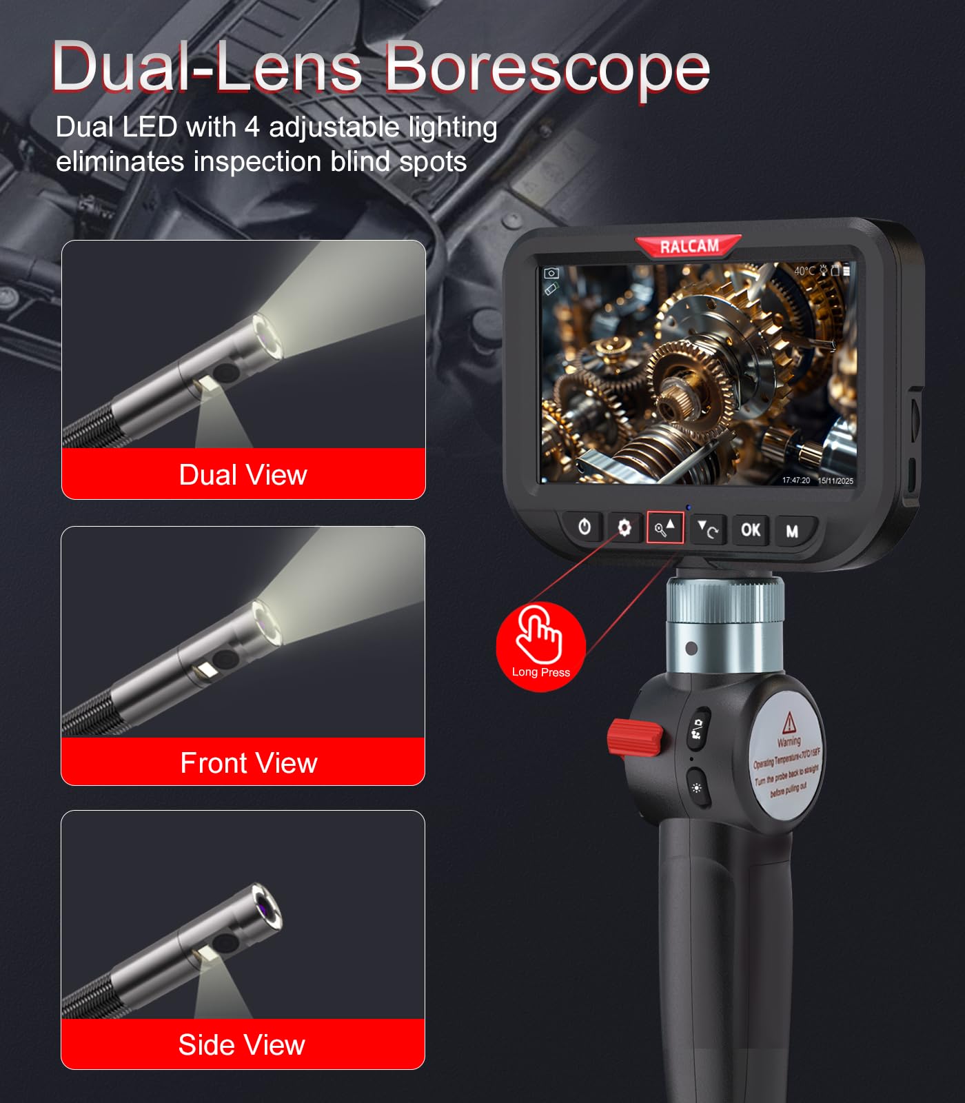 Ralcam Dual Lens Articulating Borescope, 6.5mm Slim Probe, 5" Endoscope Camera with Light, 5FT Semi-Rigid Cable, Two-Way Articulated Inspection Camera for Automotive Wall Pipe